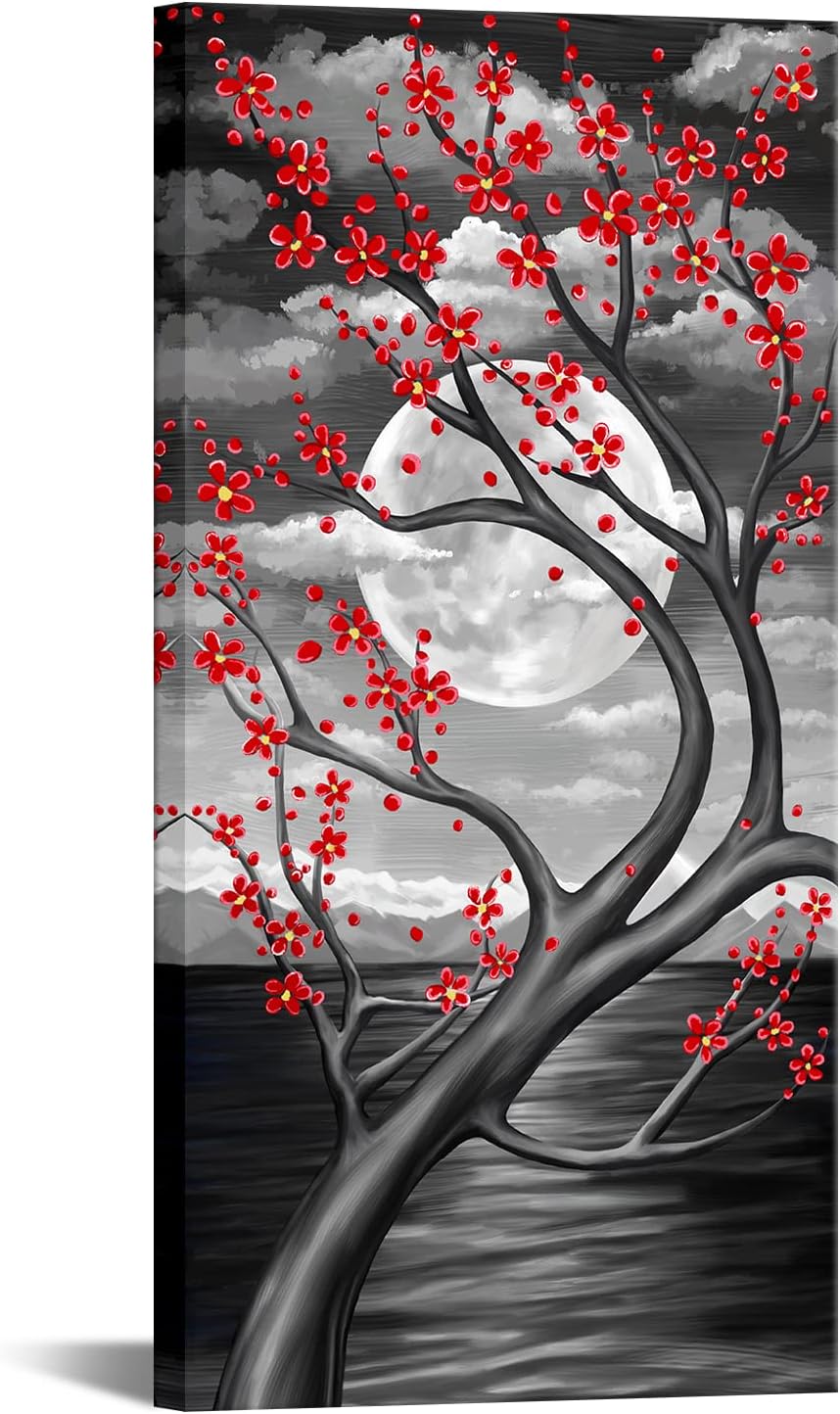 KREATIVE ARTS Red Flower Tree Wall Art for Bedroom Cherry Blossom Tree in Full Moon Night Landscape Canvas Prints Artwork for Home Wall Decoration Ready to Hang Vertical 20x40inch (Red)