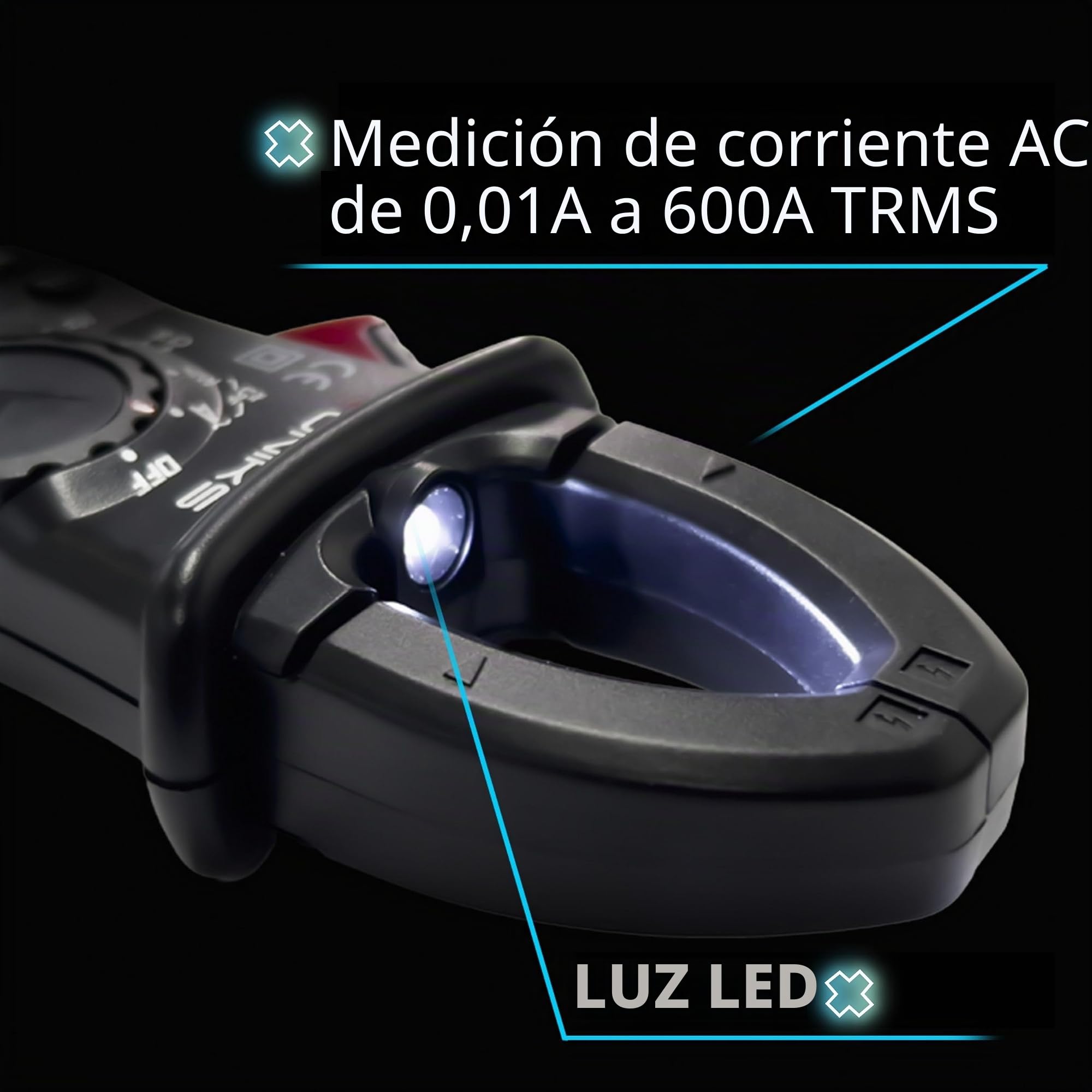 UNIKS - Pinza amperimétrica profesional digital TRMS C6 - Comprobador digital profesional 600 A - Medidor de corriente AC-DC Pantalla LCD y luz LED - Amperómetro ideal para fotovoltaica
