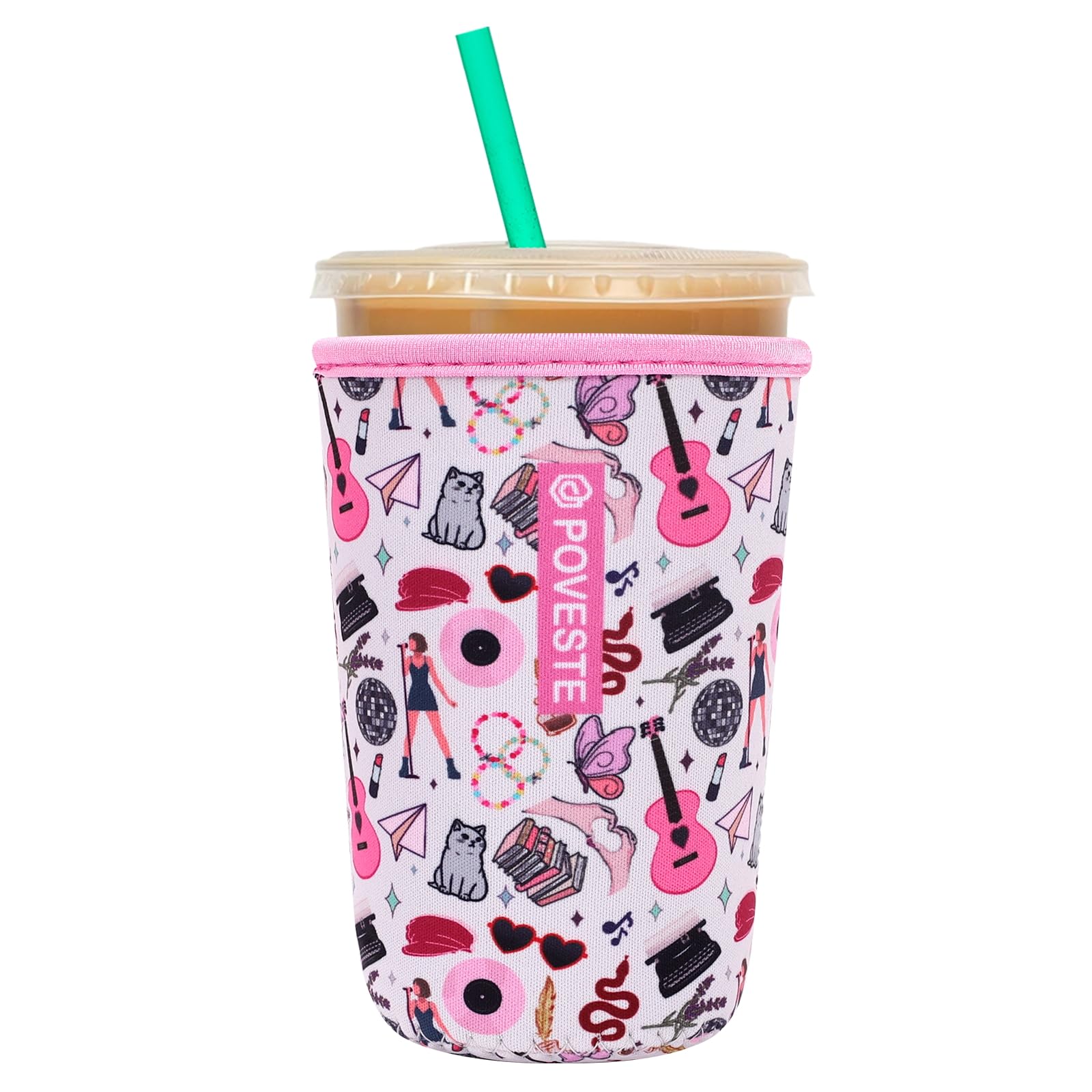 Reusable Neoprene Insulator Sleeve for Iced Coffee &amp; Cold Soda, Coffee Sleeves for Iced &amp; Hot Drinks, Cold Beverage Cooler Compatible with Starbucks, Dunkin (On Tour Pink, Medium: 22-24oz)