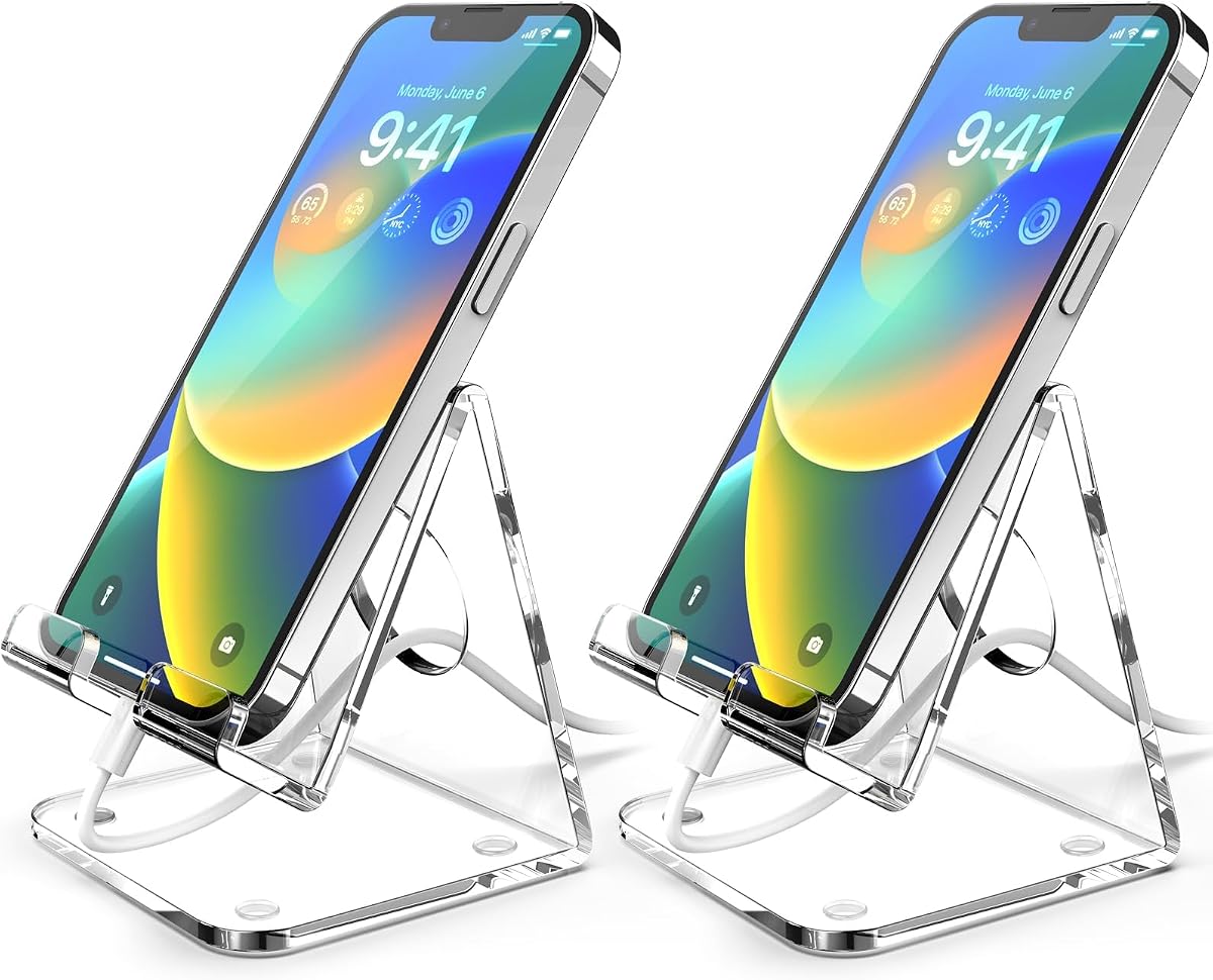 2 Pack Acrylic Cell Phone Stand, Clear Phone Holder for Office Desk, Vanity, Kitchen Counter, Bedside Table, Compatible with iPhone 17 16 15 14 13 12 Pro Max Plus/Smartphones/iPad/Switch/Kindl