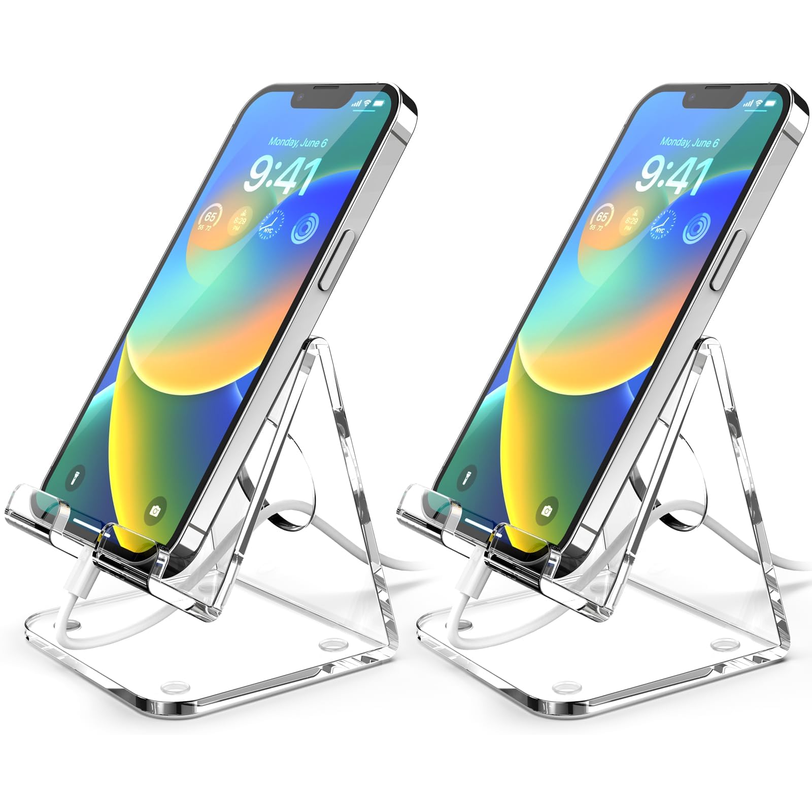 TOPGO 2 Pack Acrylic Cell Phone Stand, Clear Phone Holder for Office Desk, Vanity, Kitchen Counter, Bedside Table, Compatible with iPhone 17 16 15 14