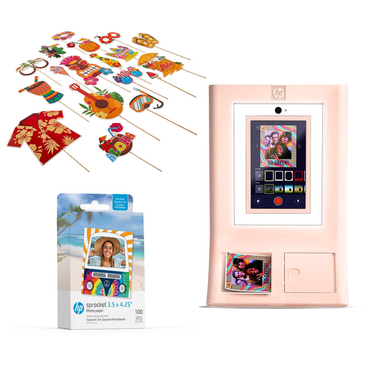 HP Sprocket Photo Booth Machine Instant Color Photo Printer (Pink) + Zink Paper (100 Sheets) + Luau Party Photo Booth Props (30pc)