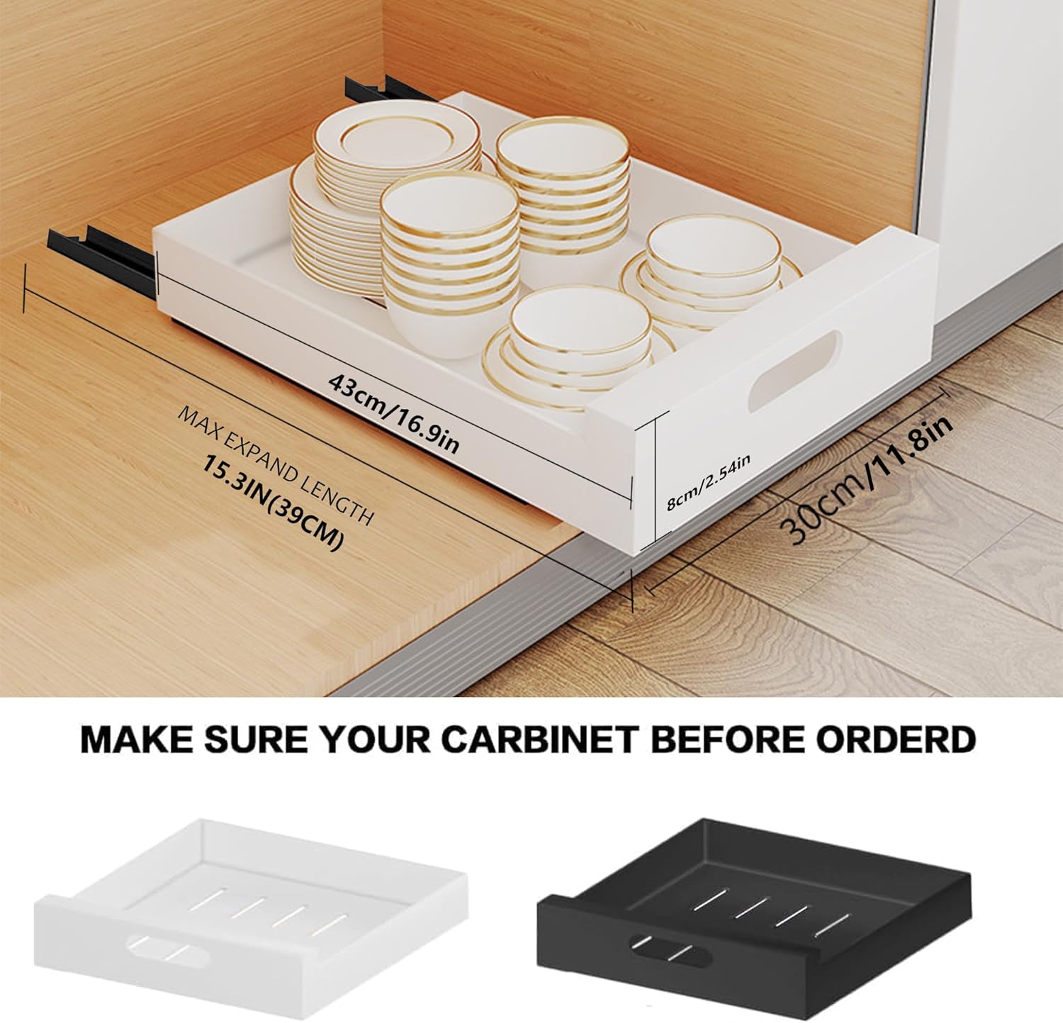 1 Pack Pull Out Cabinet Organizer Adhesive, 12'' W x 16.9"D x 3.1'' H Heavy Duty Carbon Slide Out Pantry Shelves, Sliding Drawer Pull Out Pantry Shelves for Kitchen, Living Room, Home