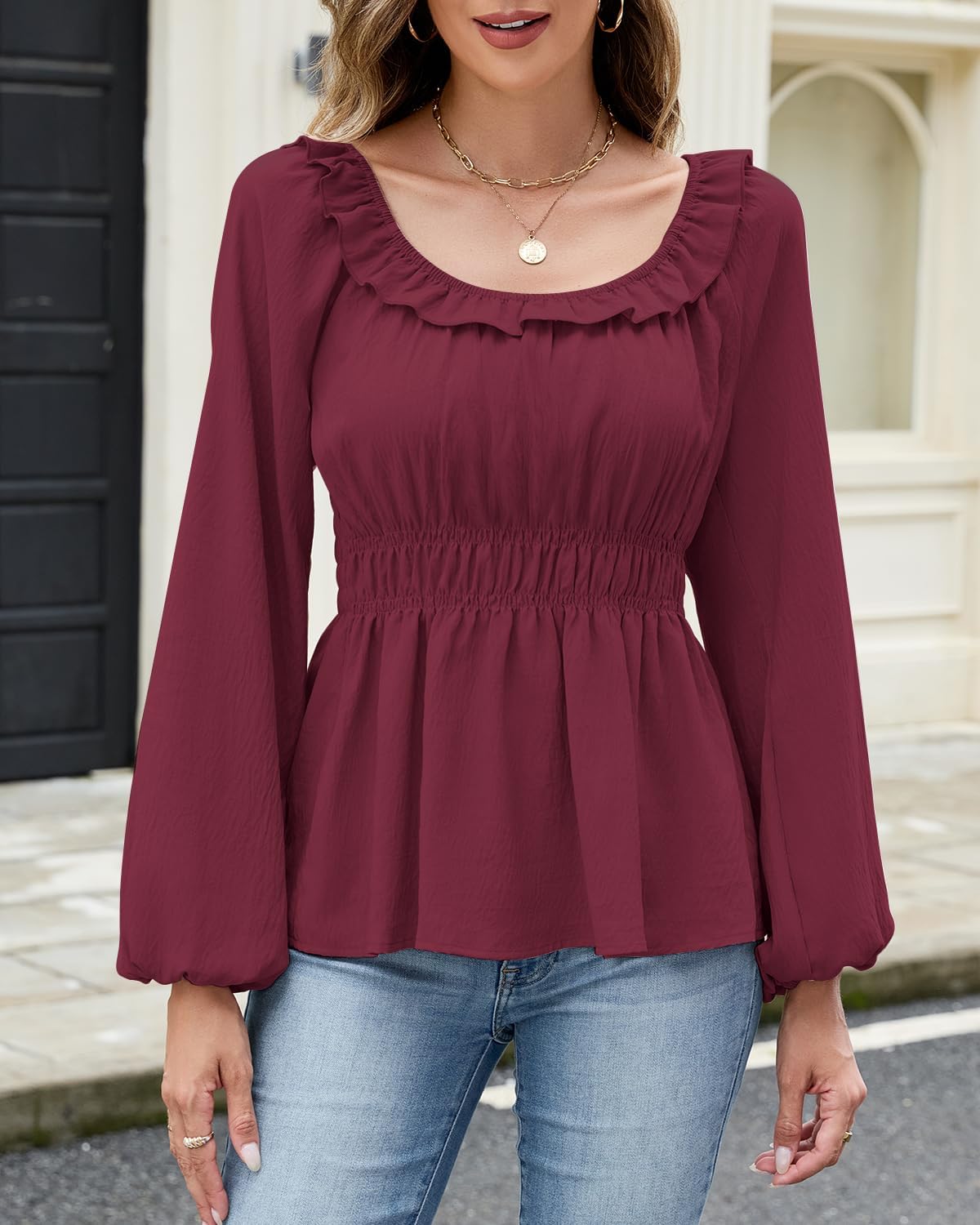 Womens Puff Long Sleeve Babydoll Tops Square Neck Ruffle Peplum Blouse Smocked Loose Fit Tunic Top Dressy Tee Shirts - Image 5