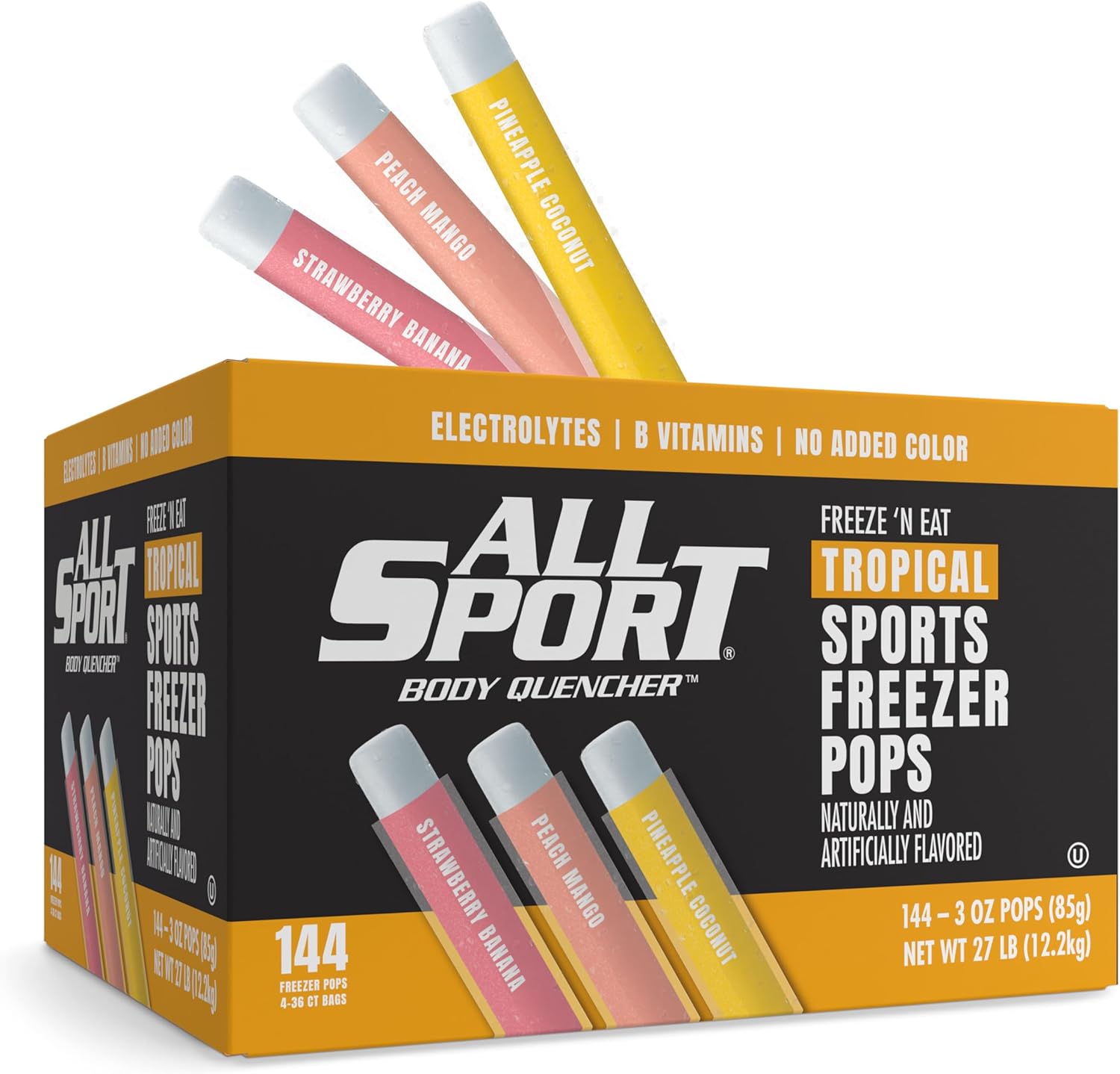 All Sport Freezer Pops, Giant Sized 3oz, 144 CT, Refreshing Ice Pops with Electrolytes, B Vitamins & Potassium –Blue Raz Ice, Lemon Lime, Fruit Punch & Orange