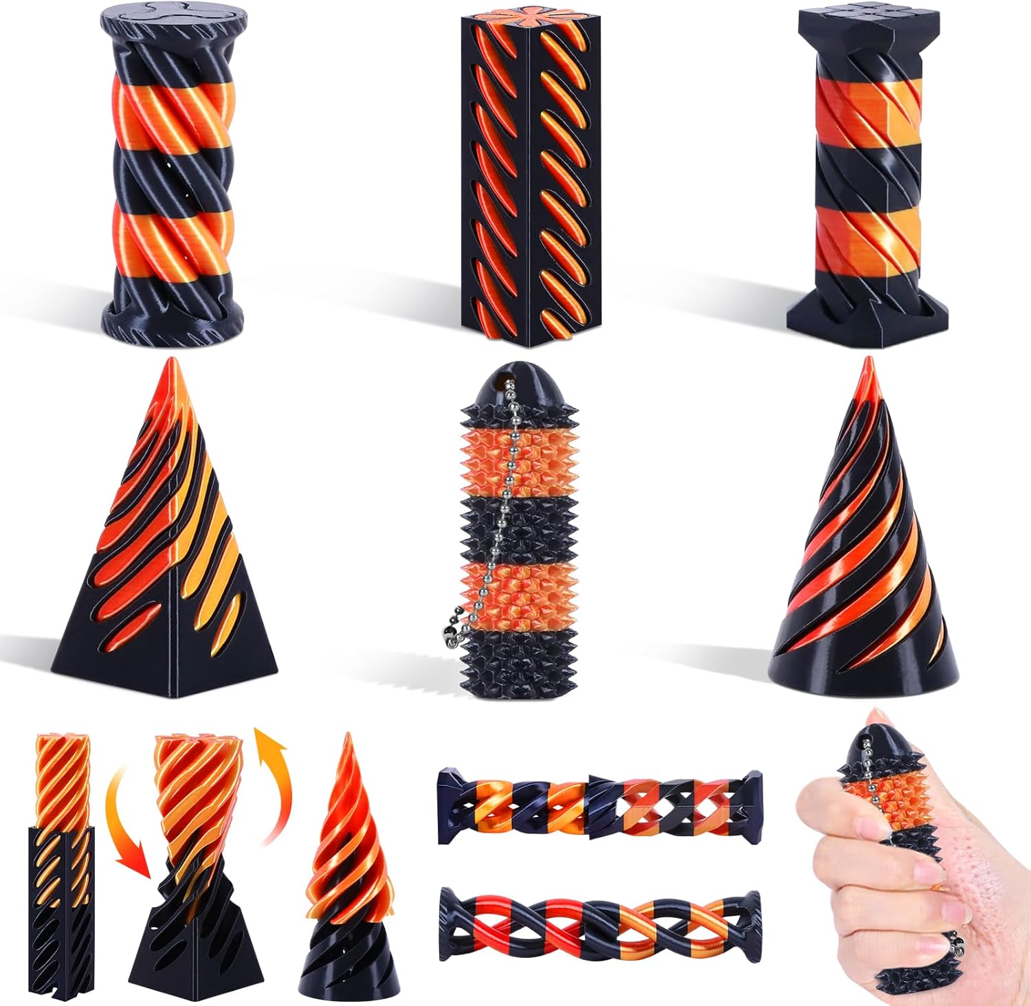 3D Printed Fidget Toys Set: 5 Pack Impossible Cone + 1 Little Ouchies | Spiral Cone Fidget Toy for Anxiety & Stress Relief | Impossible Pyramid Passthrough Toy Gifts for Adults, Kids, Office,Classroom