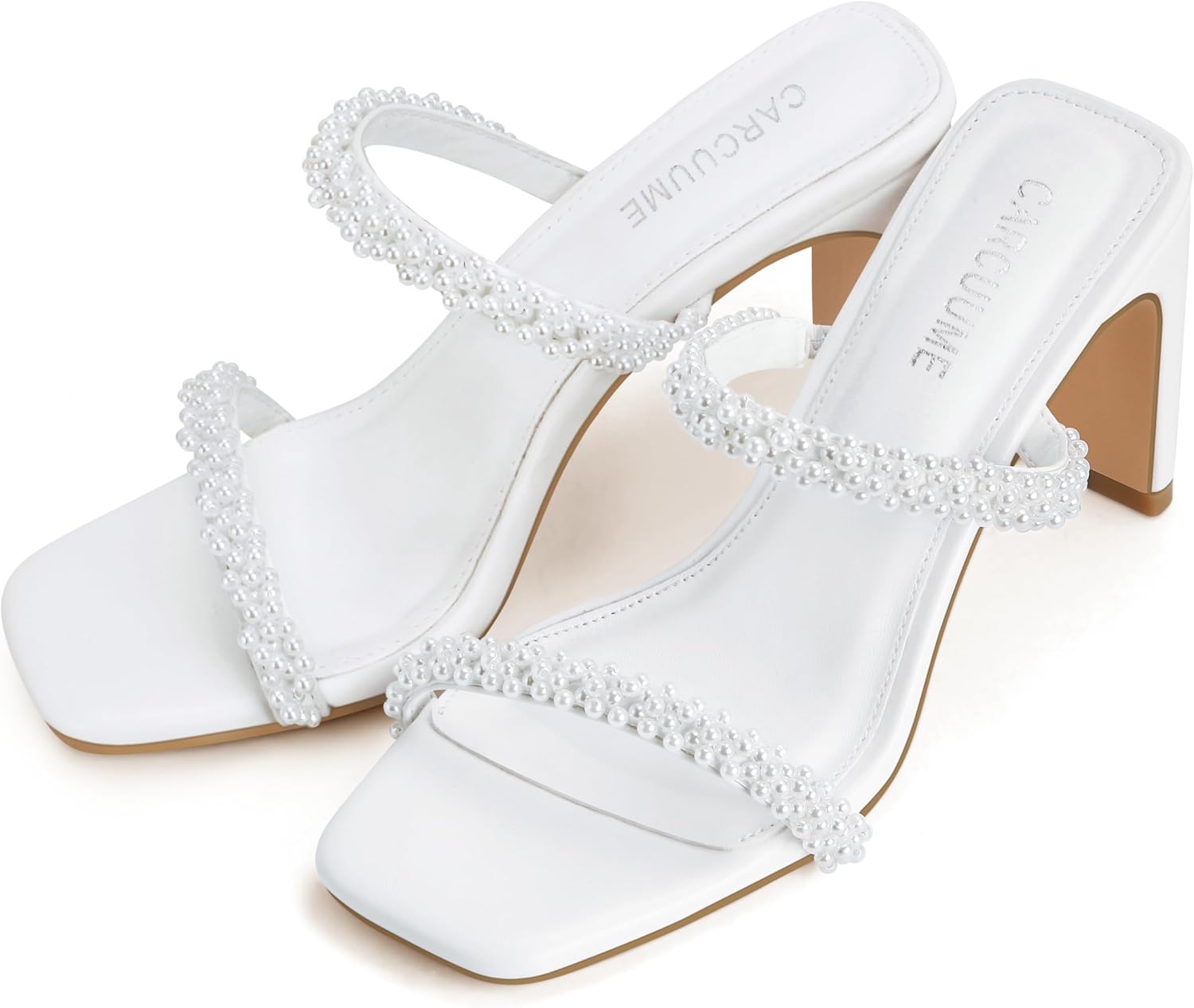 Carcuume Women's Square Toe Two Strap Open Toe Block Heels Sandals Slip On Shoes - Image 6