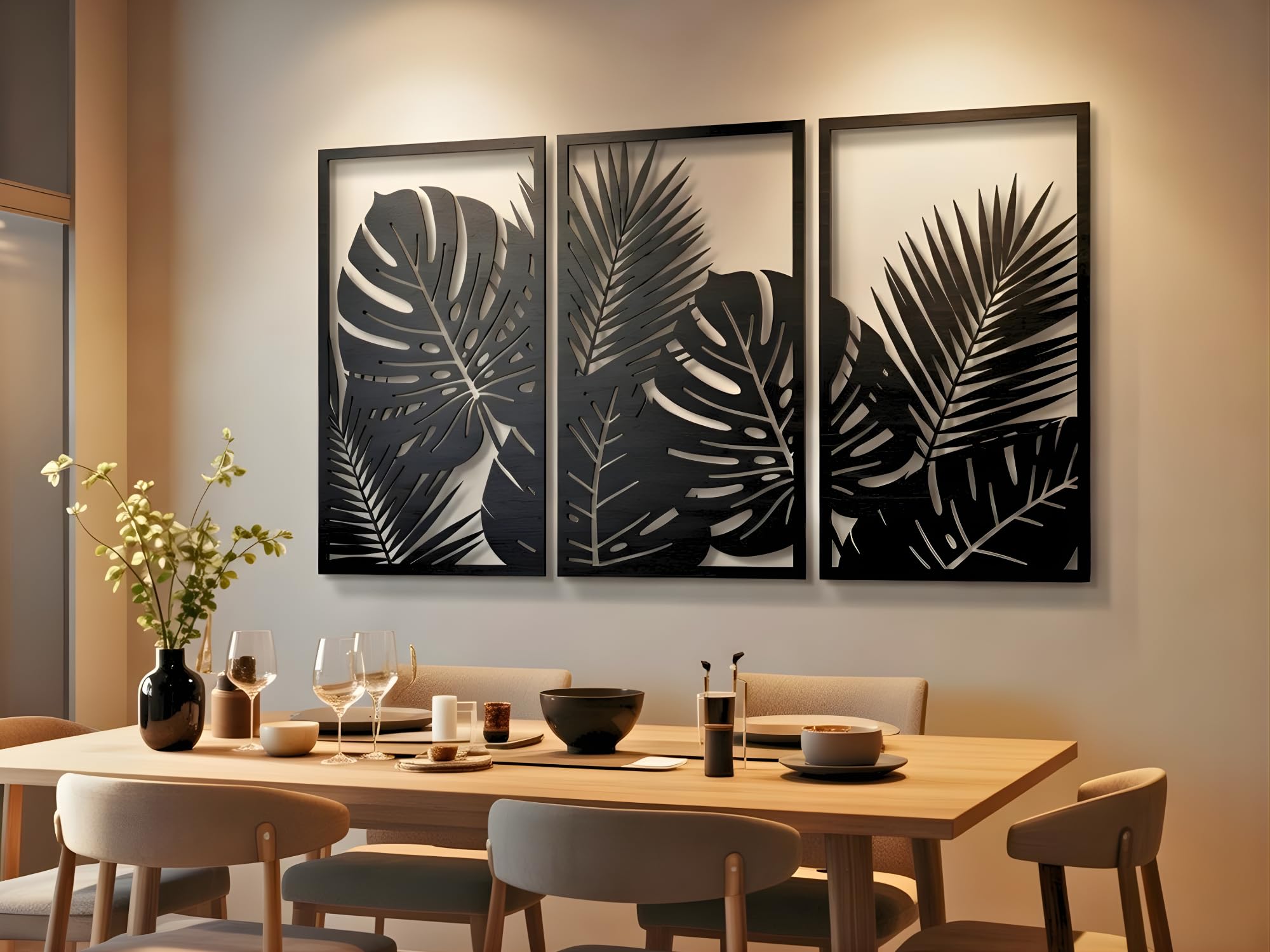VAILLA Árbol de la Vida Decoración de Pared Mural de Madera Decoración en Negro Dorado Decoración de Pared Hogar Arte de Pared 3D Decoración Moderna Cuadros para Hogar (Hojas tropicales 8)