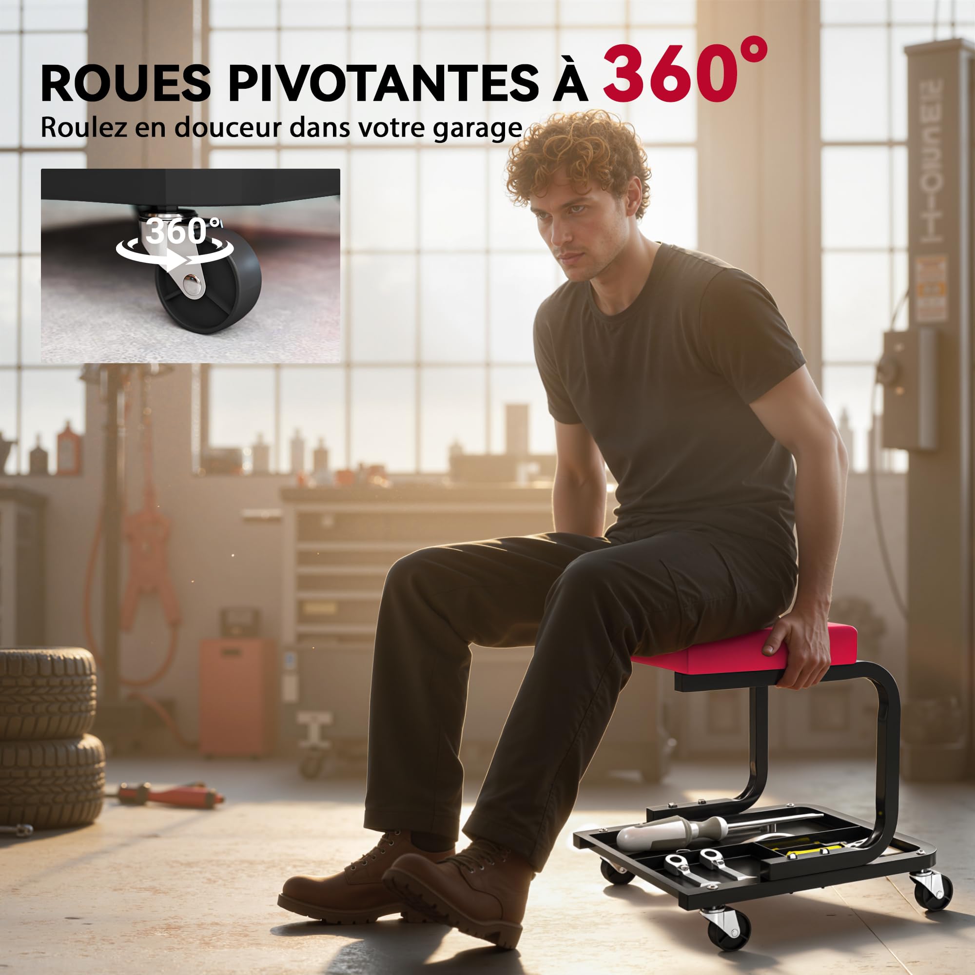 HOMCOM Tabouret de Mécanicien Tabouret d'Atelier Mobile Plateau à Outils | Charge 135 kg, Siège d'Atelier avec Roulettes Lisses Pivotant à 360°, pour Entretien, Réparation Automobile, Garage