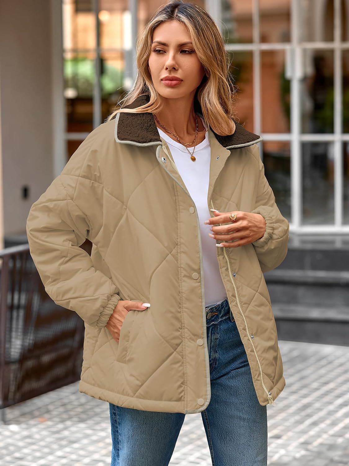 Naggoo Women's Long Sleeve Quilted Jackets Zip Up Snap Button Padded Coat image 2