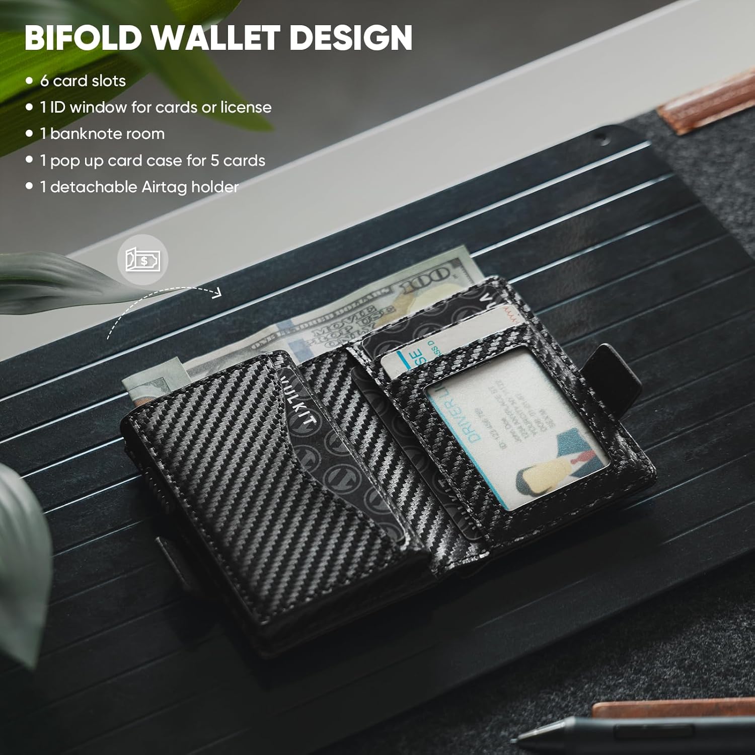 VULKIT Mens Wallet with Key Ring & Airtag Holder Leather Pop Up Card Holder RFID Blocking Keychain Wallet Cash Compartment - Image 4