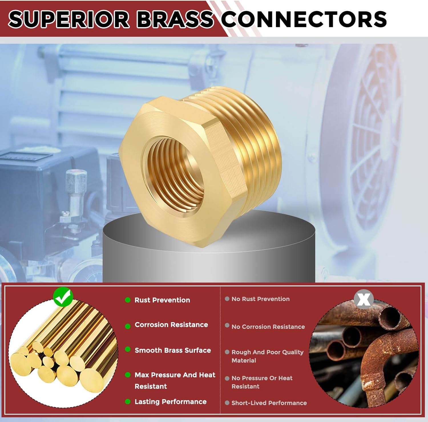 Pack of 5, 1" NPT Male to 1/2" NPT FeMale Solid Brass Hex Bushing, Hose Fittings Adapter Reducer Fit for Pipe Leak Repair, Bathroom Remodeling, Tool Extensions, Compression