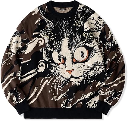Amazon | [karaku] セーター メンズ 冬服 民間伝承「化け猫」浮世絵風