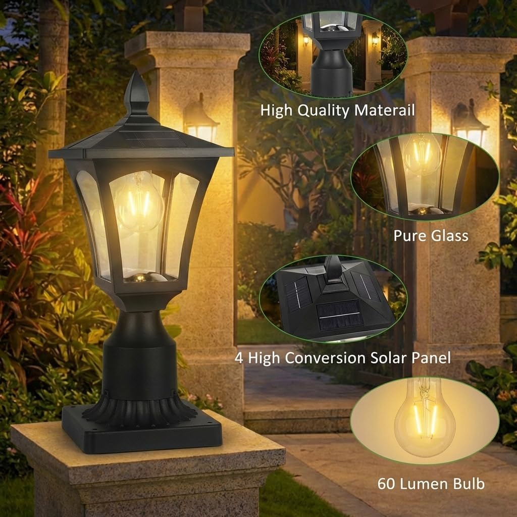 Eyrosa Outdoor Solar Lamp Post Light with Glass Shade & Pier Mount Base, IP45 Waterproof Dusk to Dawn Solar Post Lantern, Warm White for Garden, Yard, Fence, Deck & Holiday Décor