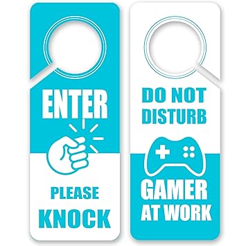Gamer At Work Doorknob Hanger Sign Enter Please Knock Door Sign Blue 3.35