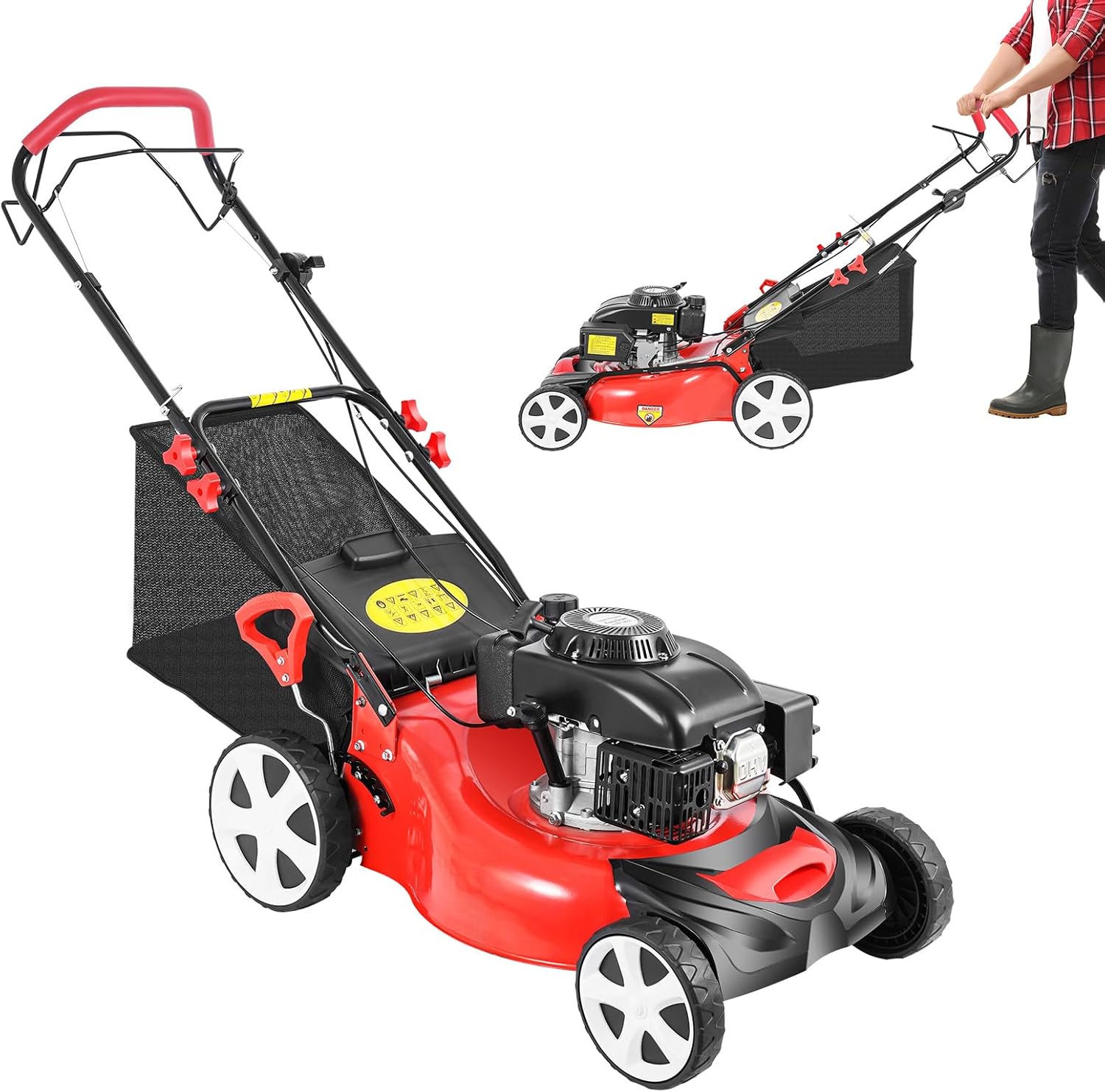 4-Stroke Self Propelled Gas Lawn Mower, 5HP 140CC 2800RPM 8-Gears High Wheel Lawnmower Gas Walk Behind Handle OHV Single Cylinder Lawnmower w/0.42gal Fuel Tank for Medium Sized Yards Sports Fields