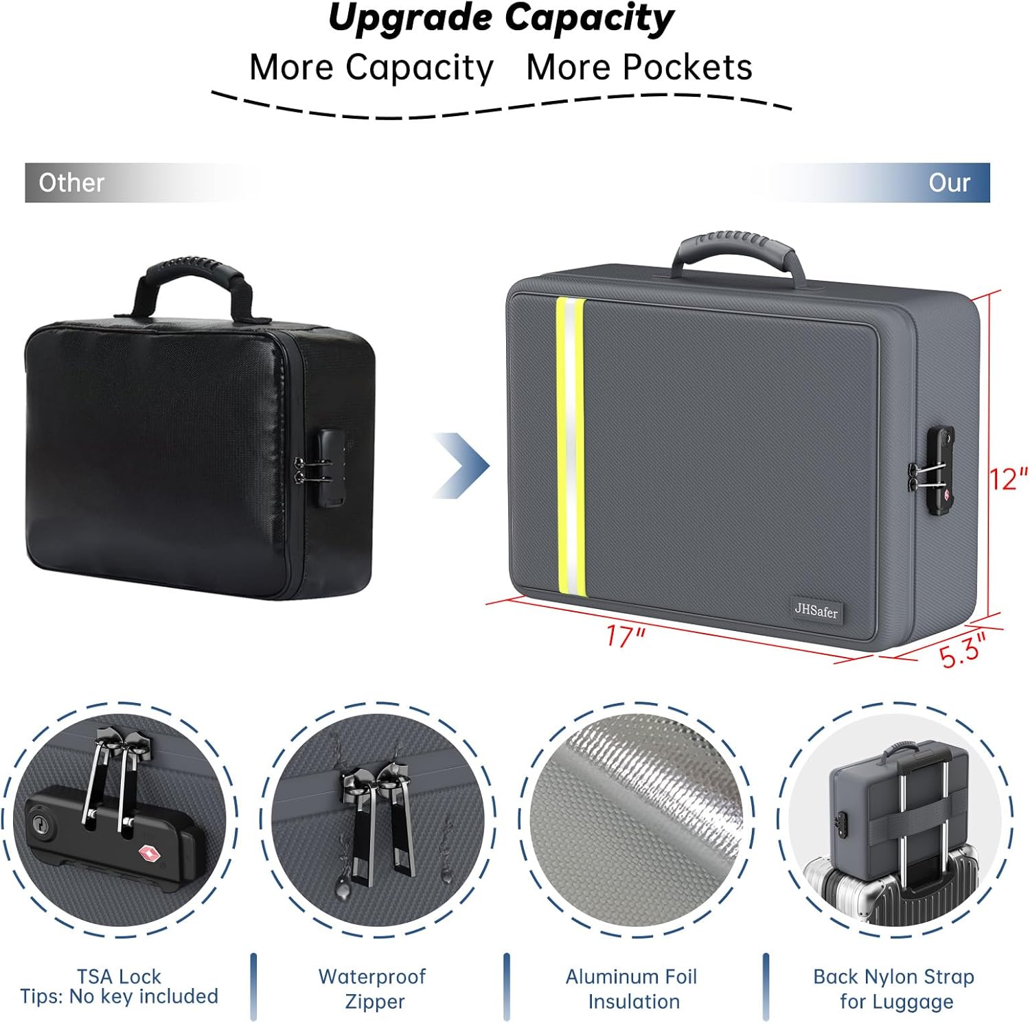 Fireproof Document Bag, Insulated Large Document Box with Lock, Important Document Organizer with Waterproof Zipper, Portable Soft Home Travel Office Safe Storage with 13 Accordion File Folder,Gray