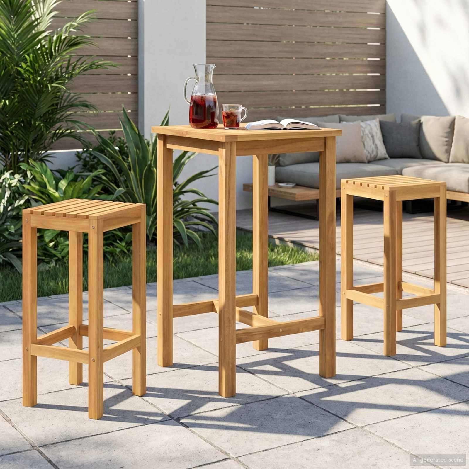 Juego de 3 barras de exterior de madera maciza de teca sin tratar, diseño impermeable para jardín, balcón, terraza y exterior, con reposapiés integrado y estilo minimalista moderno