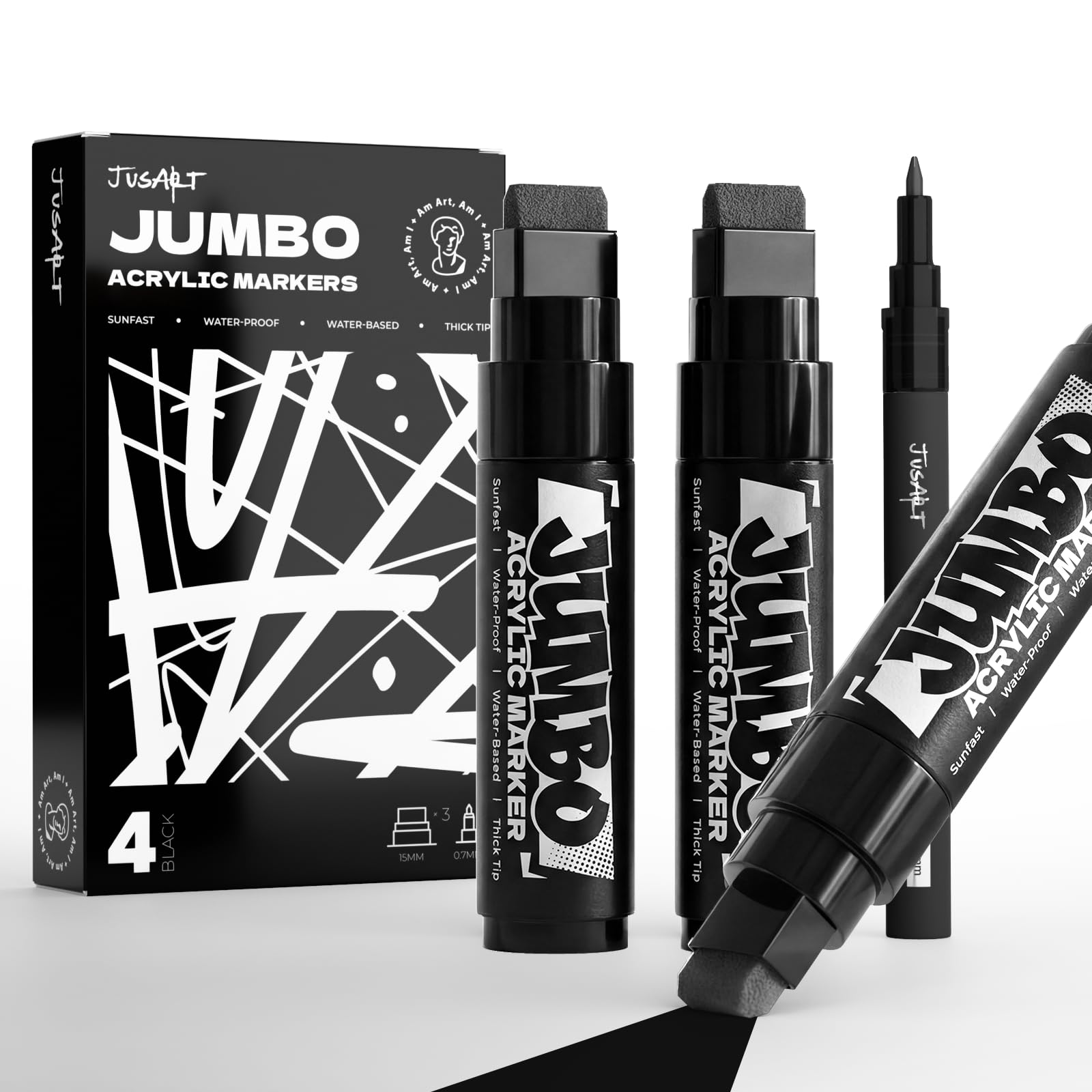 JusArt 4 Pcs Black Jumbo Poster Marker Set, 15mm Wide Tip and 0.7mm Fine Tip, Acrylic Paint Markers for Rock, Fabric, Glass, Metal, Wood