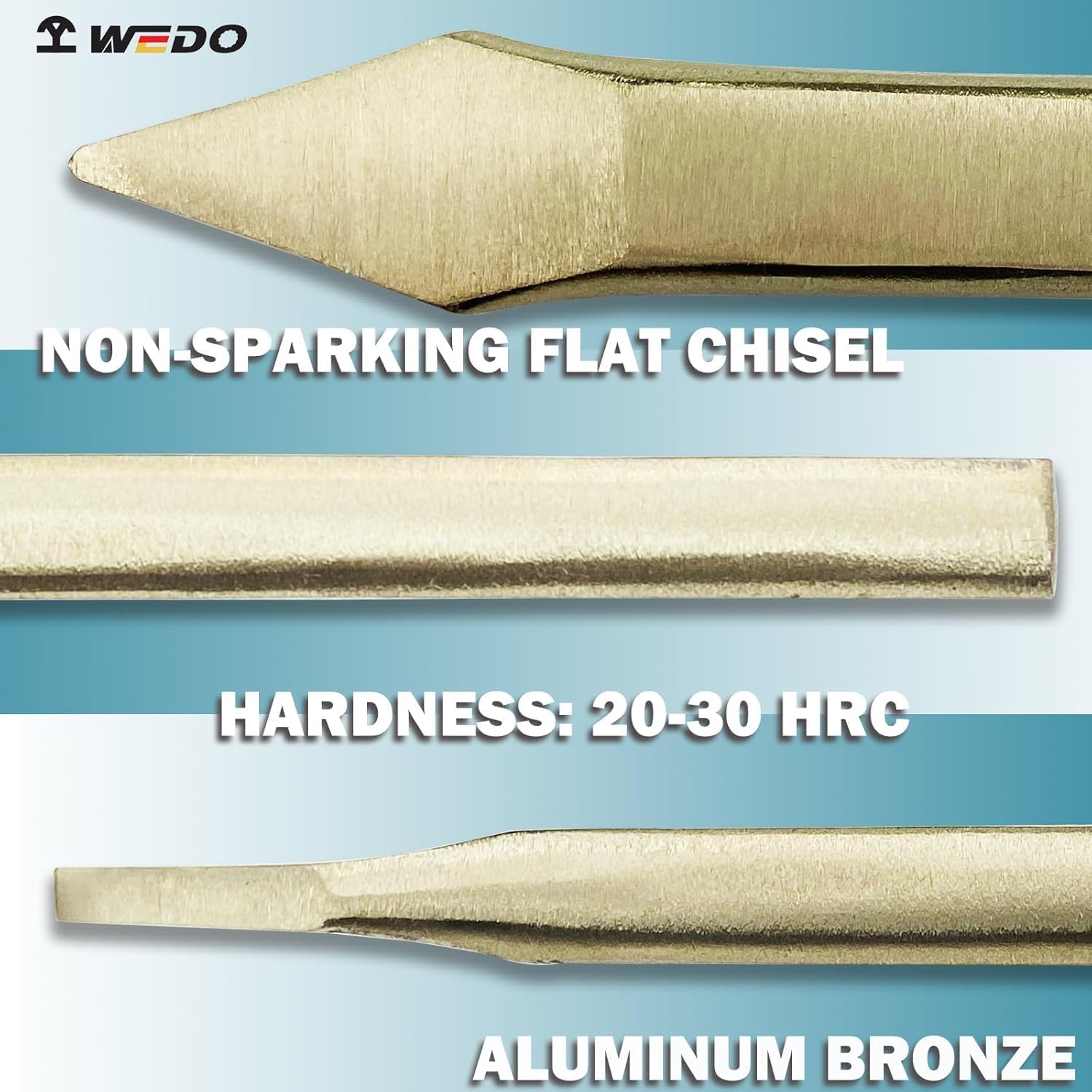WEDO Non-Sparking Flat Chisel Pointy Head,Cold Chisel,Aluminum Bronze,4x6x140mm,BAM & FM Certificate,Cone Chisel for Carpentry, Metalwork, Woodwork & Masonry work
