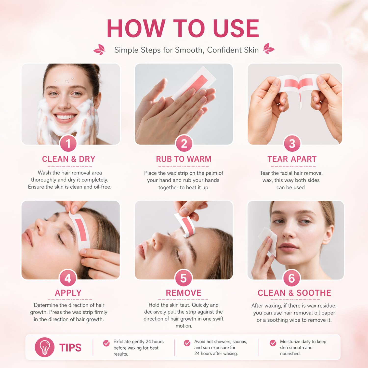 48Pcs Facial Wax Strips for Women, Upper Lip & Eyebrow Hair Removal, Hypoallergenic for Sensitive Skin, Removes Even Short Hair, Up to 5 Weeks Smooth, Easy No-Heat Waxing Kit - 4