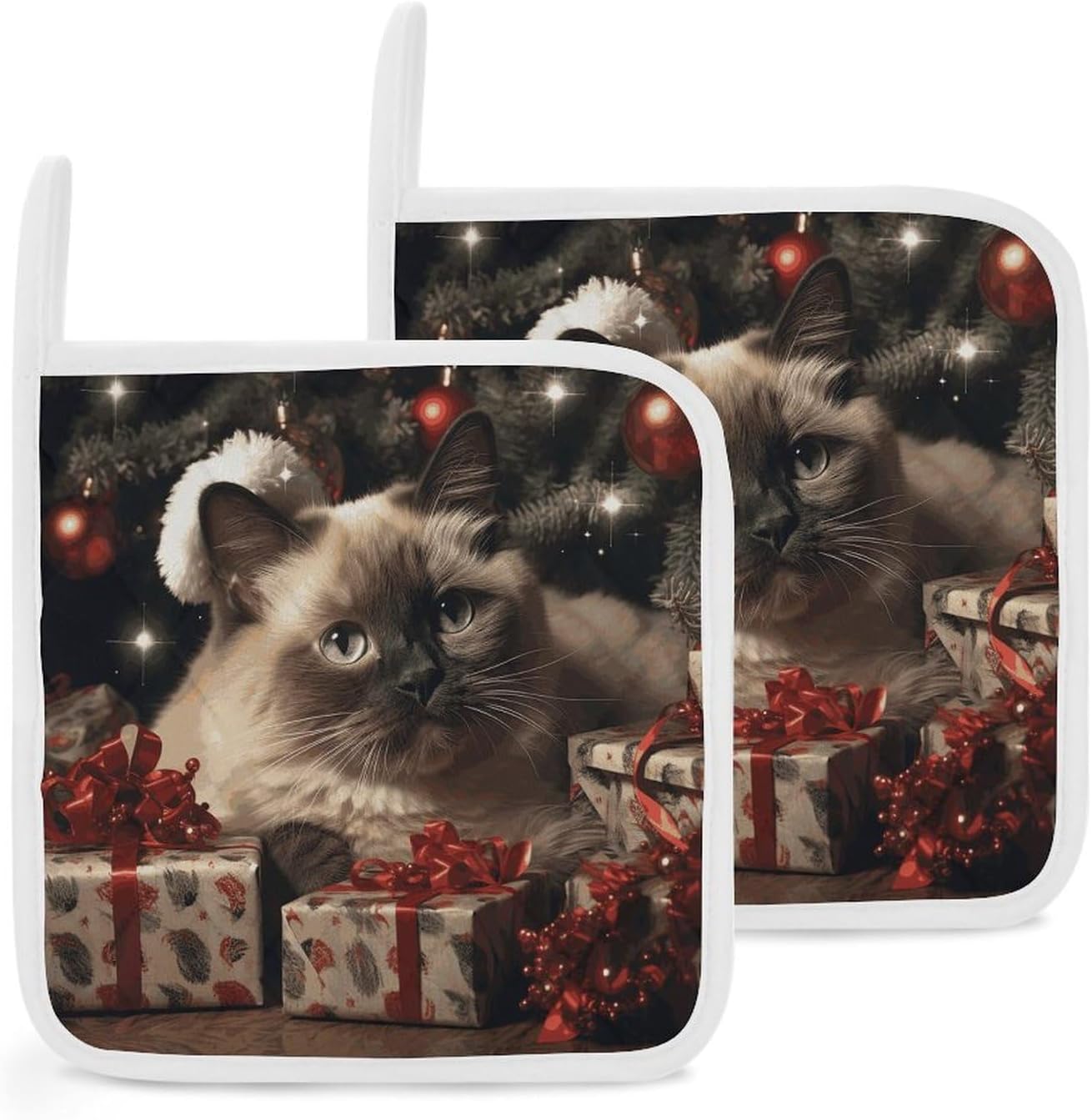 Pot Holder Set of 2 Christmas Siamese Cat Printed Potholders for Kitchens Heat Resistant & Non Slip Potholders for Kitchen Cooking Baking BBQ