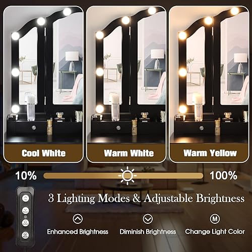 Miniatura 5 de Tocador de maquillaje con luces espejo plegable de tres piezas, escritorio de tocador con espejo y luces, 5 cajones, tocador con espejo iluminado