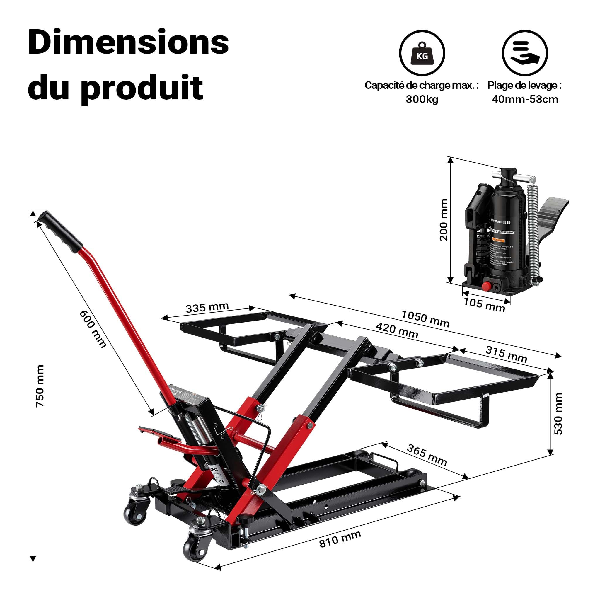Wiltec Cric hydraulique 3 en 1 – Capacité Max. 300 kg – Hauteur de Levage Max. 530 mm – pour Motos, quads et tracteurs à Gazon – Support de Levage, Pont élévateur 4 Roues