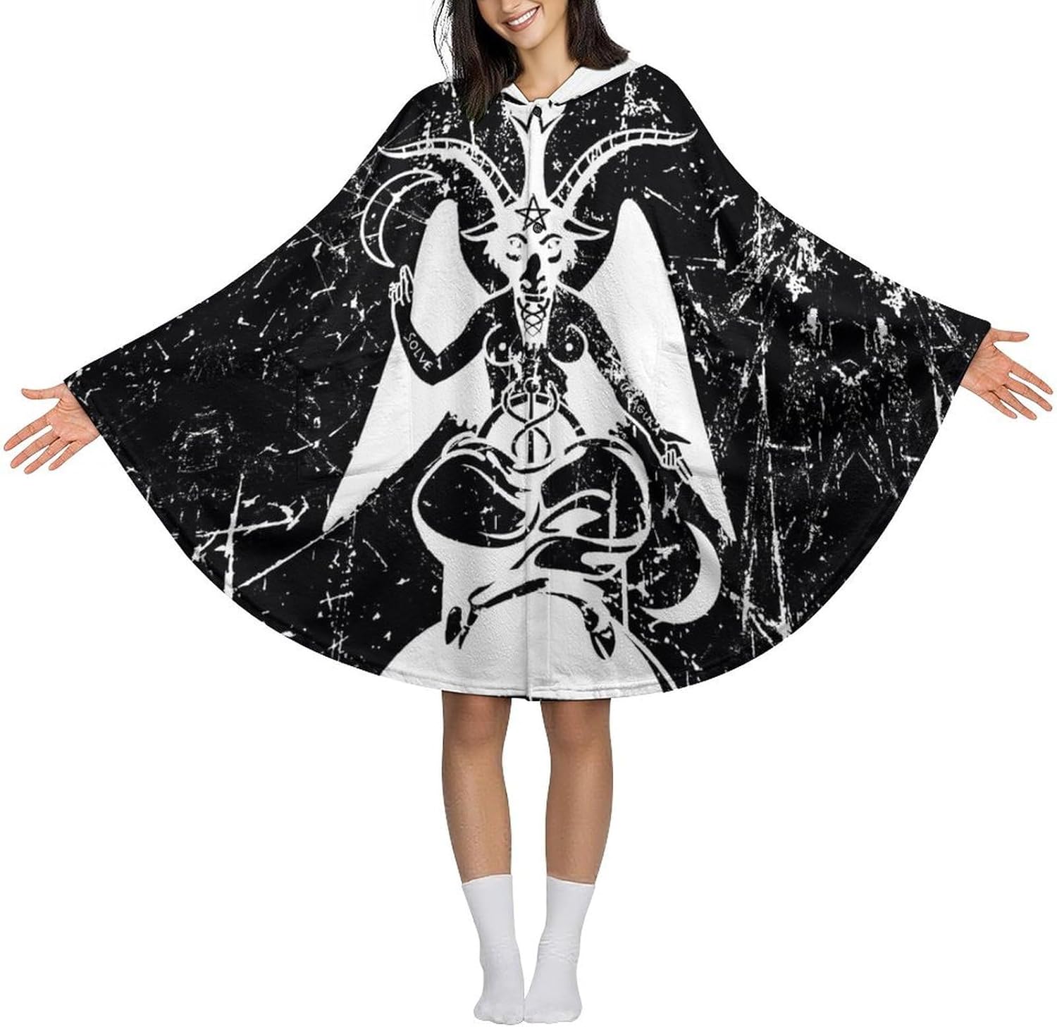 Satanic Goat Baphomet Wearable Blanket with Hooded Flannel Blankets Cape with Pocket