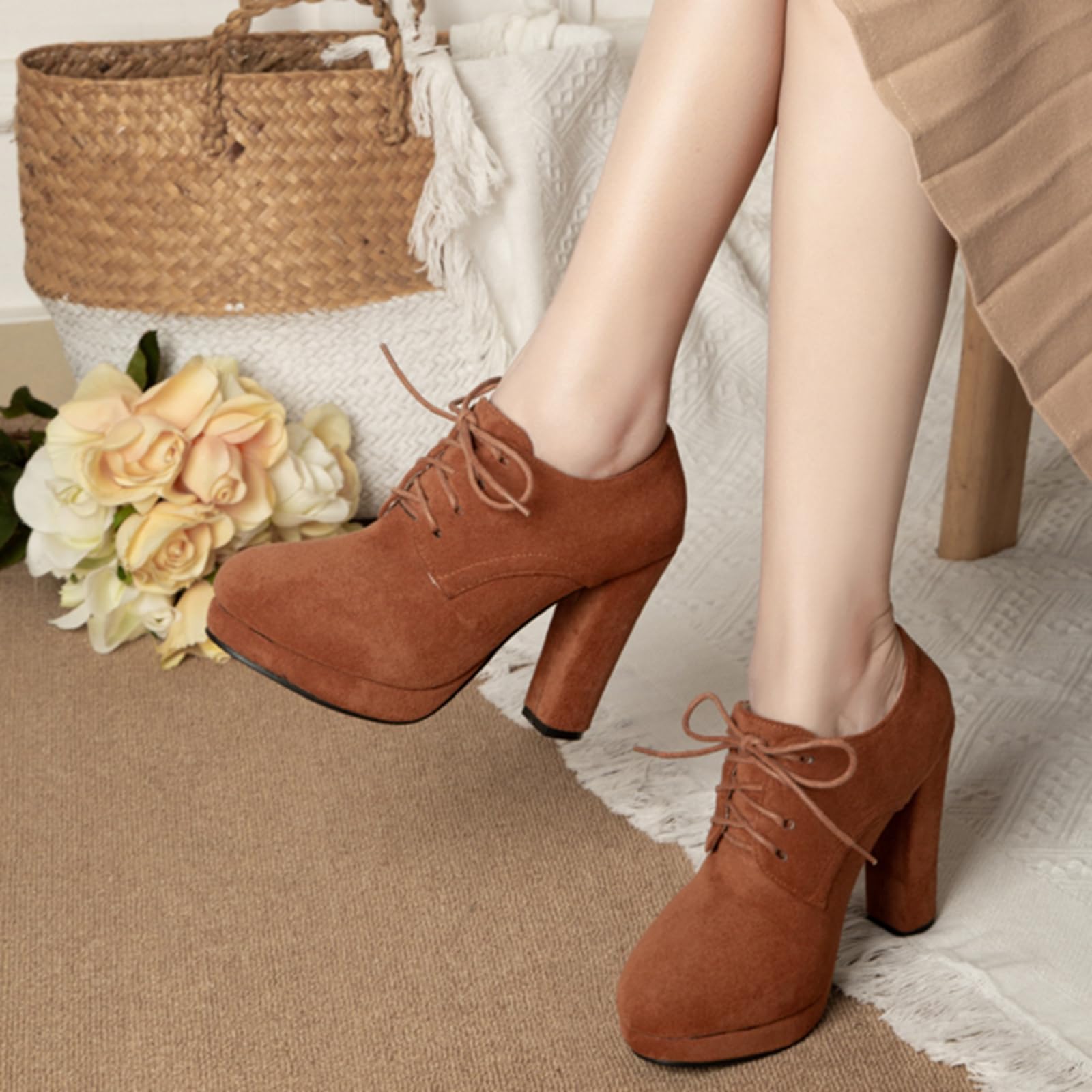 Onewus Damskie buty sznurowane w stylu vintage z wysokimi obcasami blokowymi, do biznesu/pracy