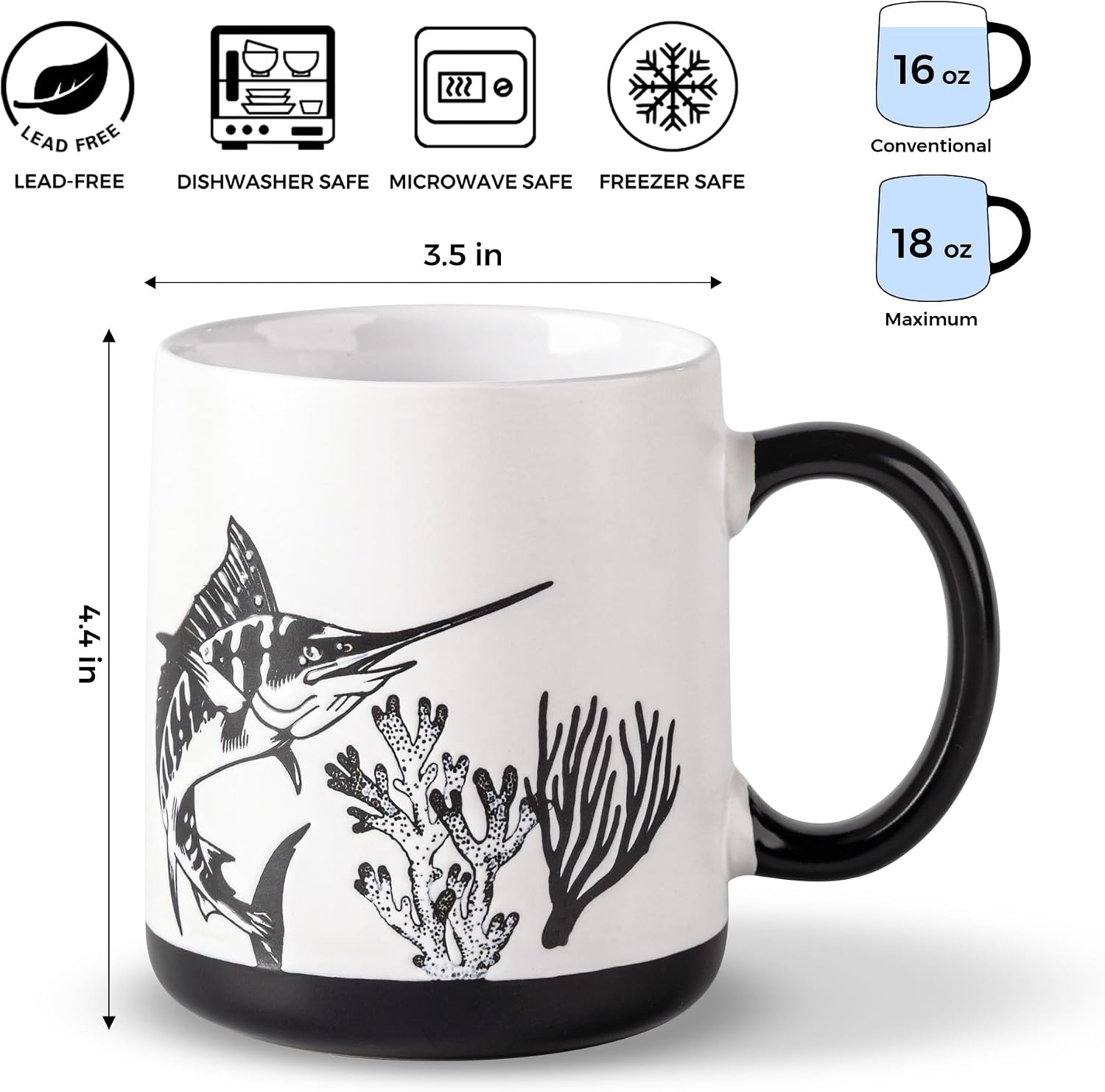 AmorArc Large Coffee Mugs Set of 6, 18oz Ceramic Coffee Cups with Sea Life Textured Patterns for Tea Latte Cocoa. Easy to Hold&Clean, Dishwasher&Microwave Safe, Matte image 3