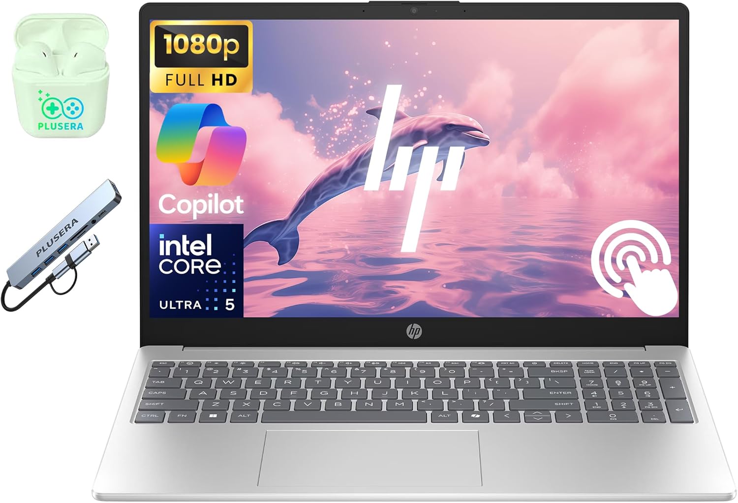 HP 15.6" FHD Touchscreen Business Laptop Computer, 14-Core Intel Core Ultra 5 125H Processor, 16GB RAM 512GB SSD, Windows 11 with AI Copilot Ready, PLUSERA Earphones & 8-in-1 Hub Included, Silver