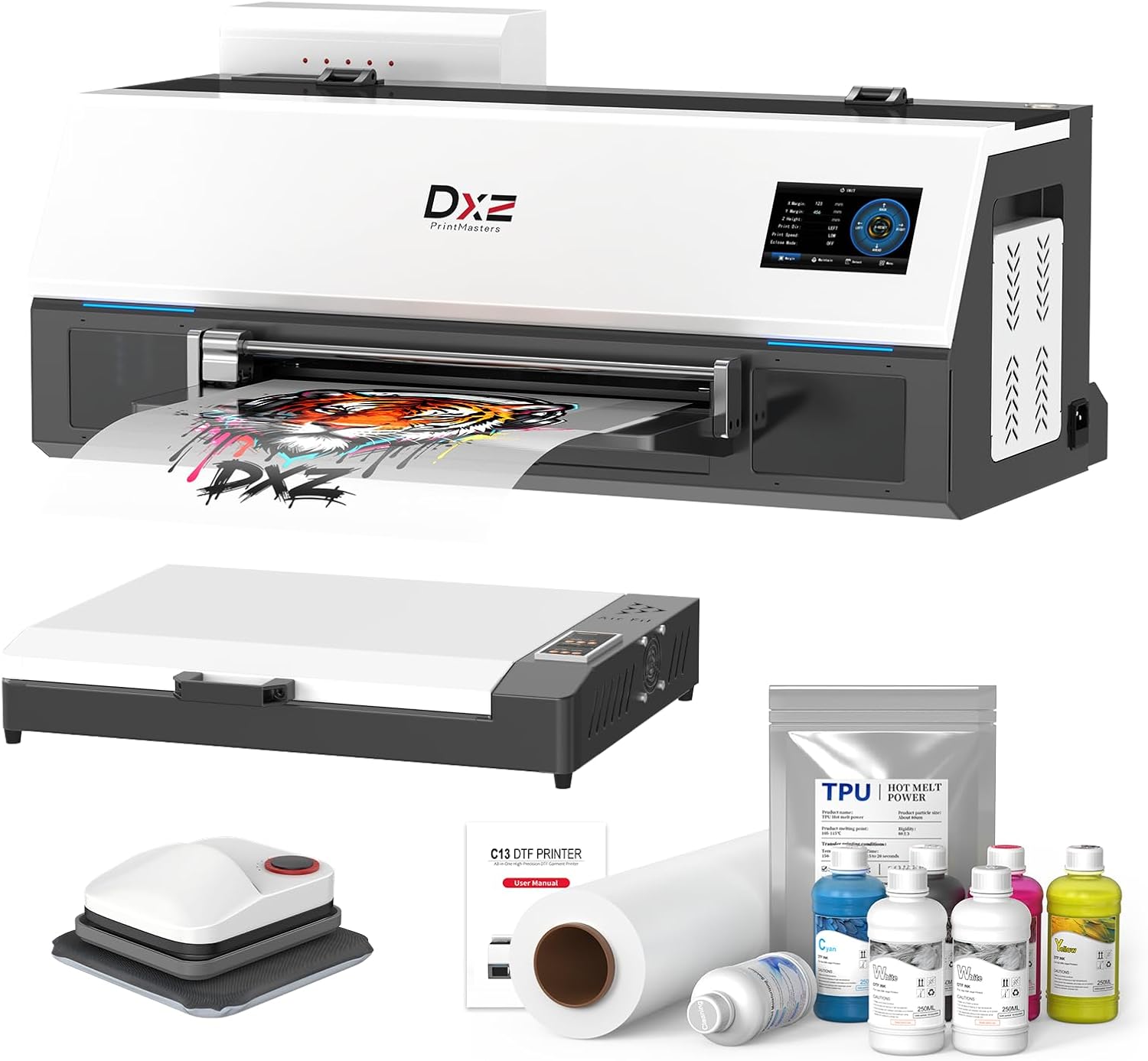 DXZ A3 i3200 DTF Printer, Industrial-Grade i3200 Printhead, High-Speed Commercial Printing, One-Click Ink Extraction, Holiday Mode & 24/7 Auto Maintenance, LED Touch Screen, White Ink System