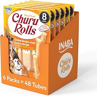 INABA Churu Rolls for Dogs, Grain-Free, Soft/Chewy Baked Chicken Wrapped Churu Filled Dog Treats, 0.42 Ounces Each Stick| 48 Stick Treats Total (8 Sticks per Pack), Chicken Recipe