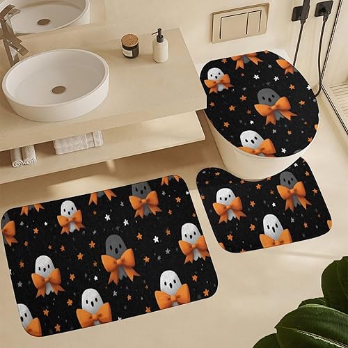 Miniatura 2 de Juego de 4 piezas de cortina de ducha con lazos de Halloween, fantasma, con alfombras antideslizantes, cubierta para tapa de inodoro y alfombrilla