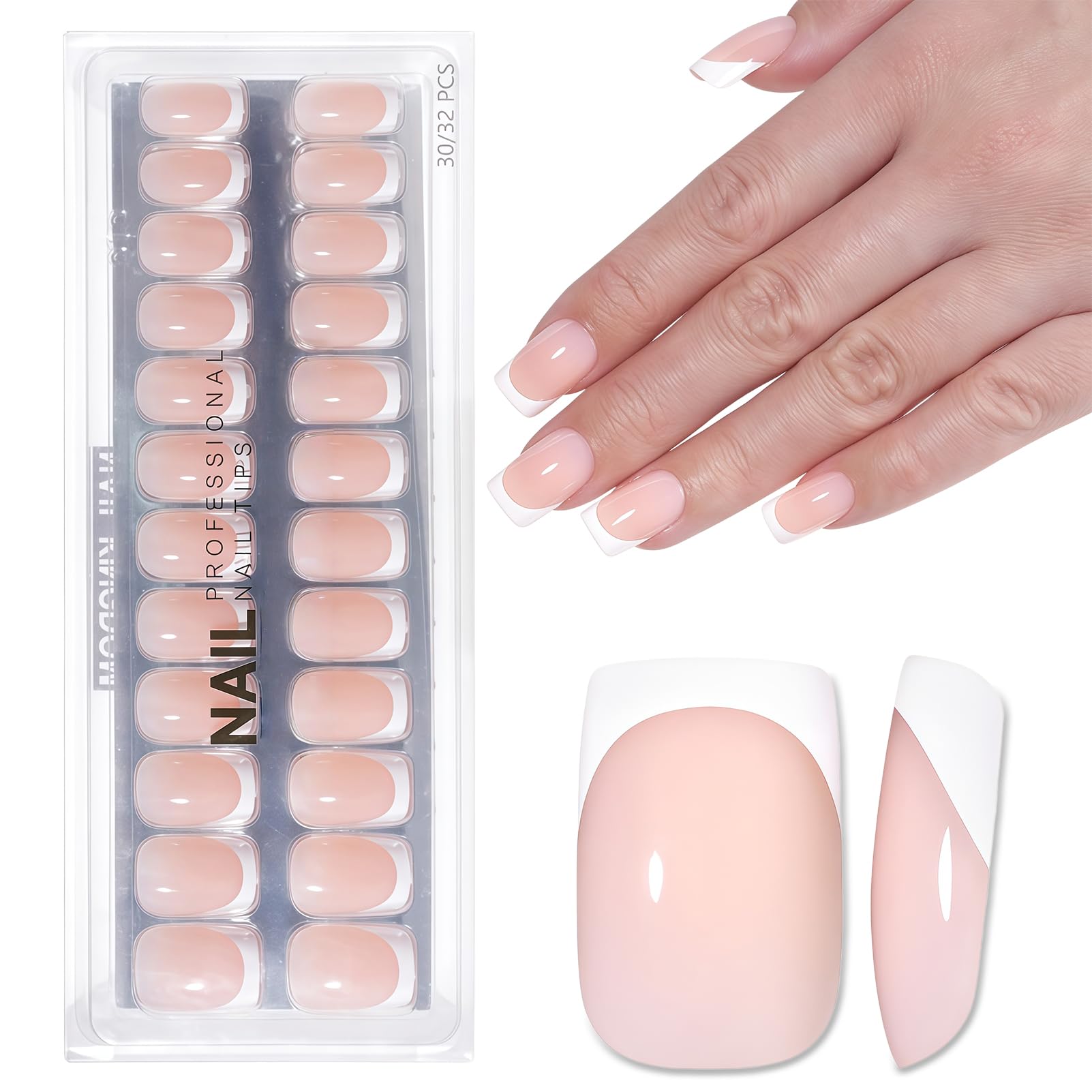 Nude French Press on Nails - 32 Stück Künstliche Fingernägel Kurz - Square Kunstnägel Zum Aufkleben - Natürlich Nägel Zum Aufkleben French - Full Cover Fake Nägel Für Frauen (Nude)