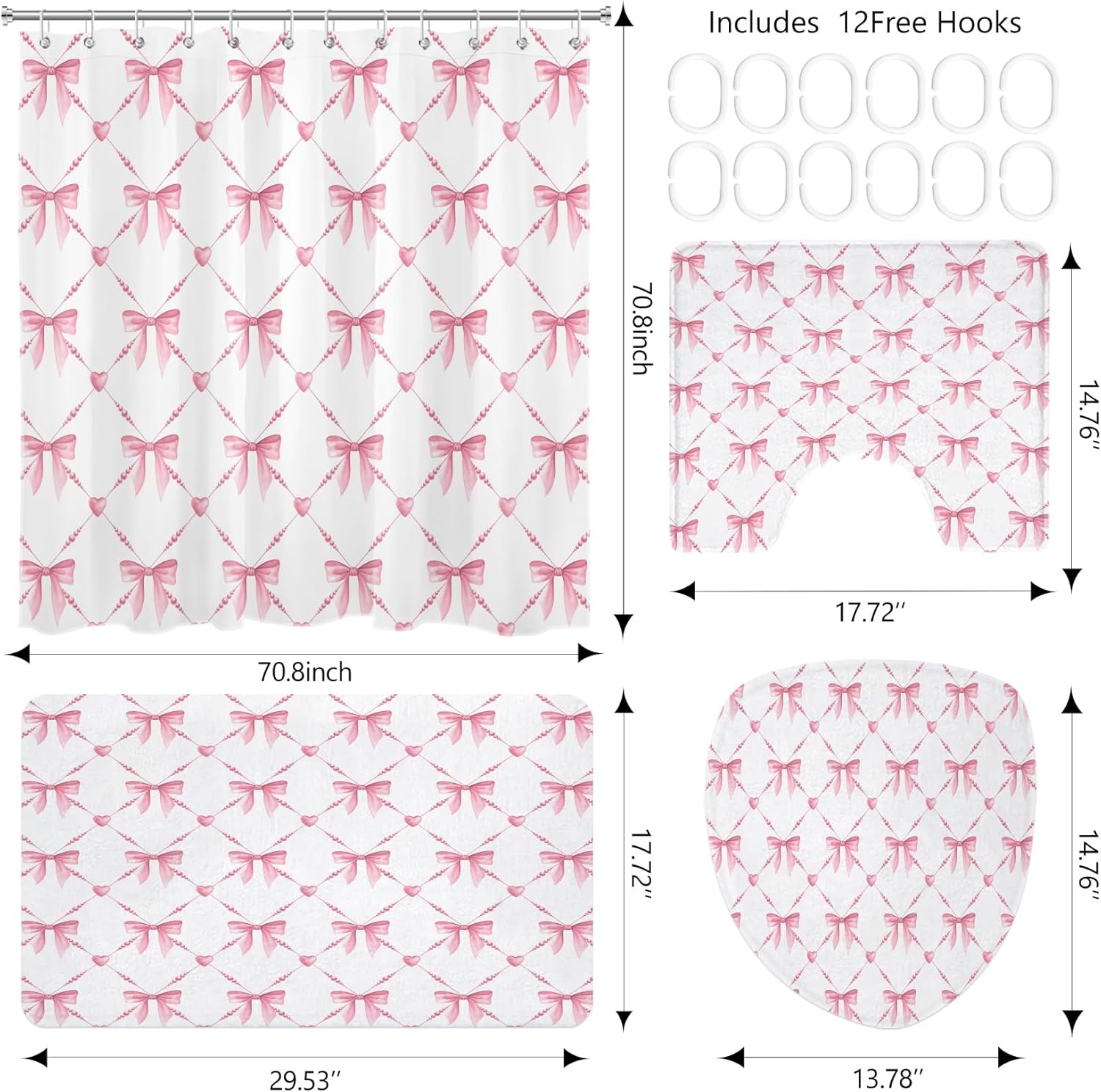 4 Pcs Pink Bow Shower Curtain Set Coquette Bathroom Accessories with Bow Knot Design Girly Shower Curtain with Towels Bath Mat Toilet Rug with 12 Hooks, 72x72 Inch