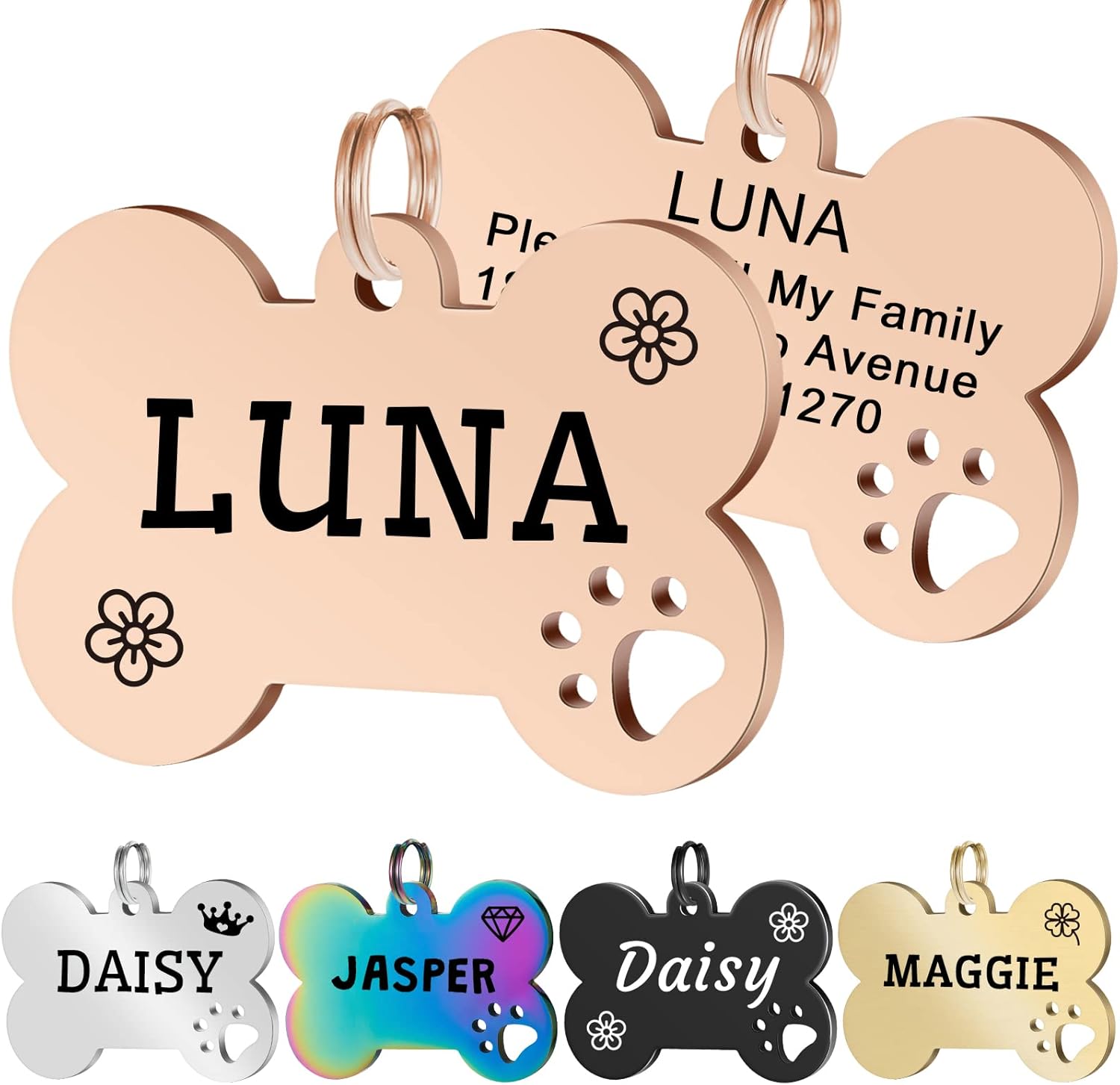 JATEBI Personalized Pet ID Tags, Stainless Steel Dog Tags,Custom Bone&Hollowed Paw Shaped Engraved Dog Name, Label, Address & Phone, Customizable on Both Sides(Rosegold,M) : Pet Supplies