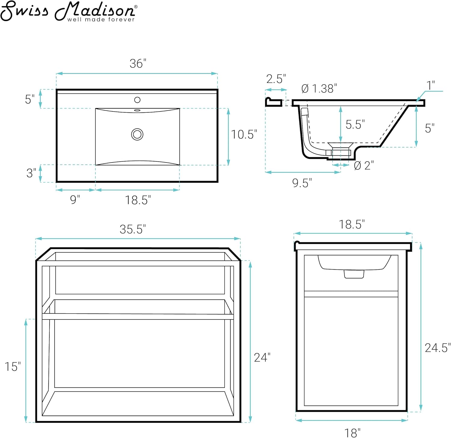 Swiss Madison SM-BV553 Pierre Bathroom Vanity, 36"