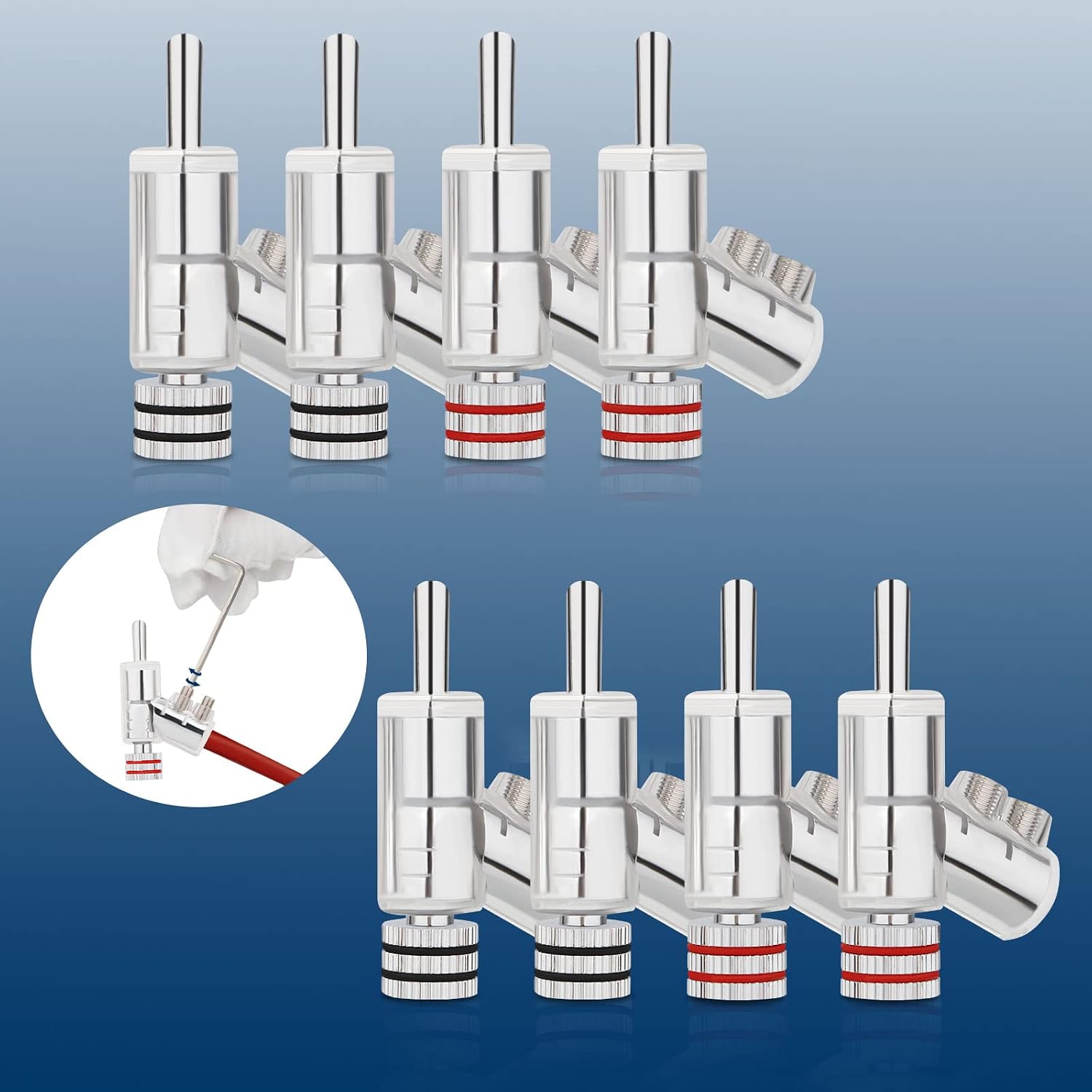 Monosaudio Locking Banana Plugs 8Pcs 45 Degree Banana Connectors Double Screw Speaker Plug for 8-15 Guage Speaker Wire,Audio/Video Receiver,Sound Systems with L-Form Hex Wrench(Rhodium Plated)