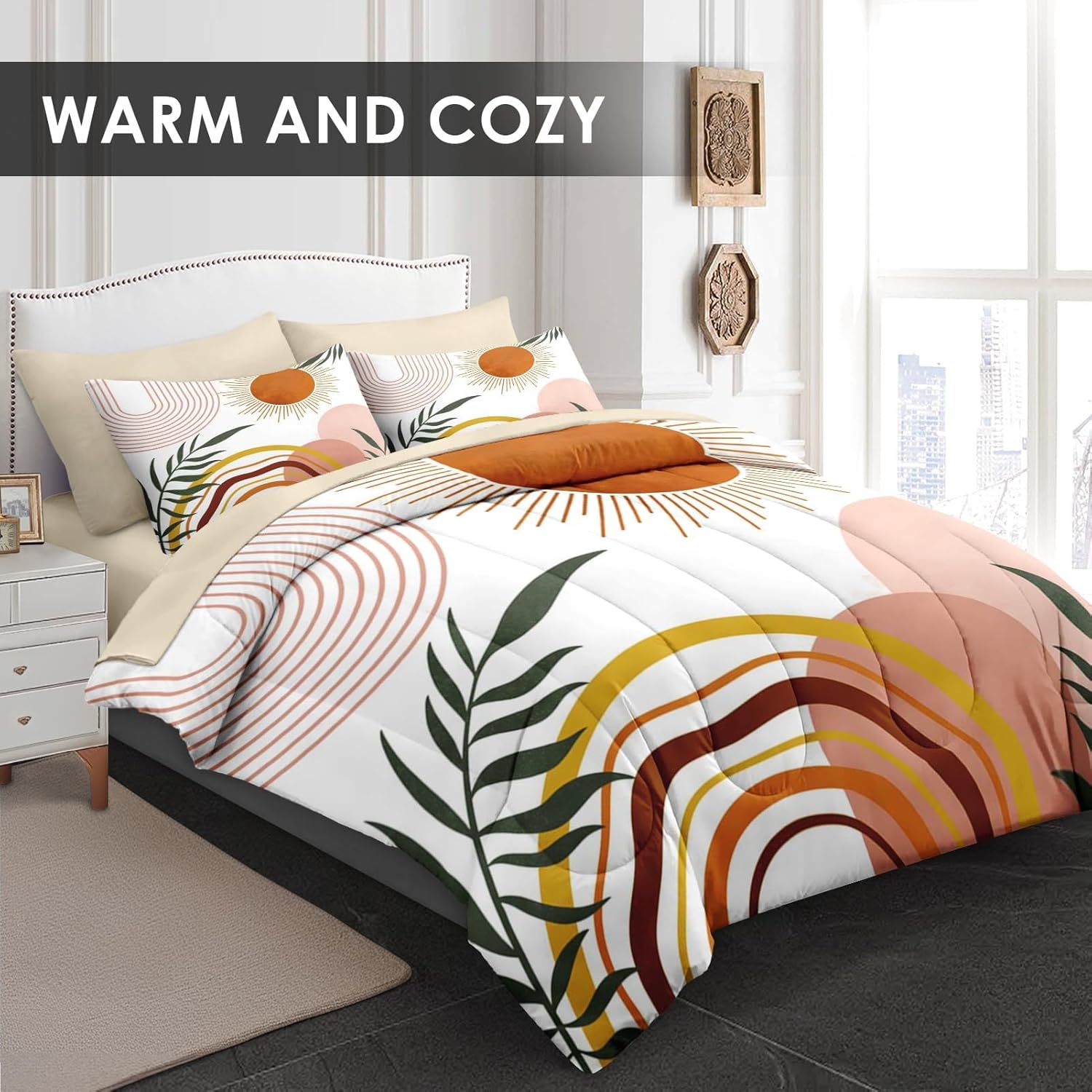 Comforter Set Queen Size, Boho Retro 7 Pcs Bedding for Kids and Adults, Vintage Sunshine Bed Sheet Sets with Fitted Sheet 2 Pillowcase & 2 Sham for Bedroom Bed Decor - Image 2