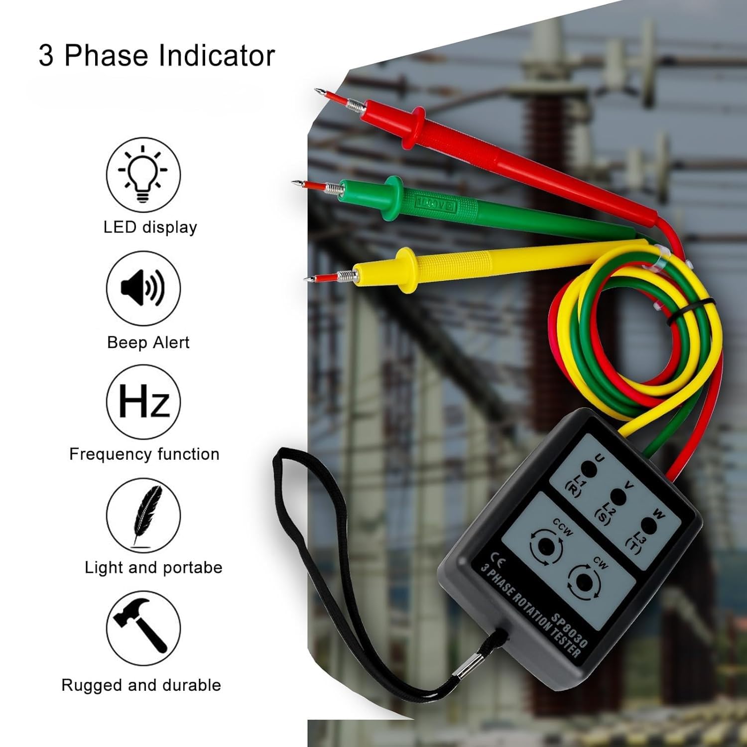 3 Fazowy Miernik Obrotu SP8030, 60-600 V Tester Sekwencji Fazy AC, Bez Akumulatorów Detektor Obrotu LED, Wskaźnik Kolejności Fazy Przemysłowej z 70 Cm Prowadzącymi Testami