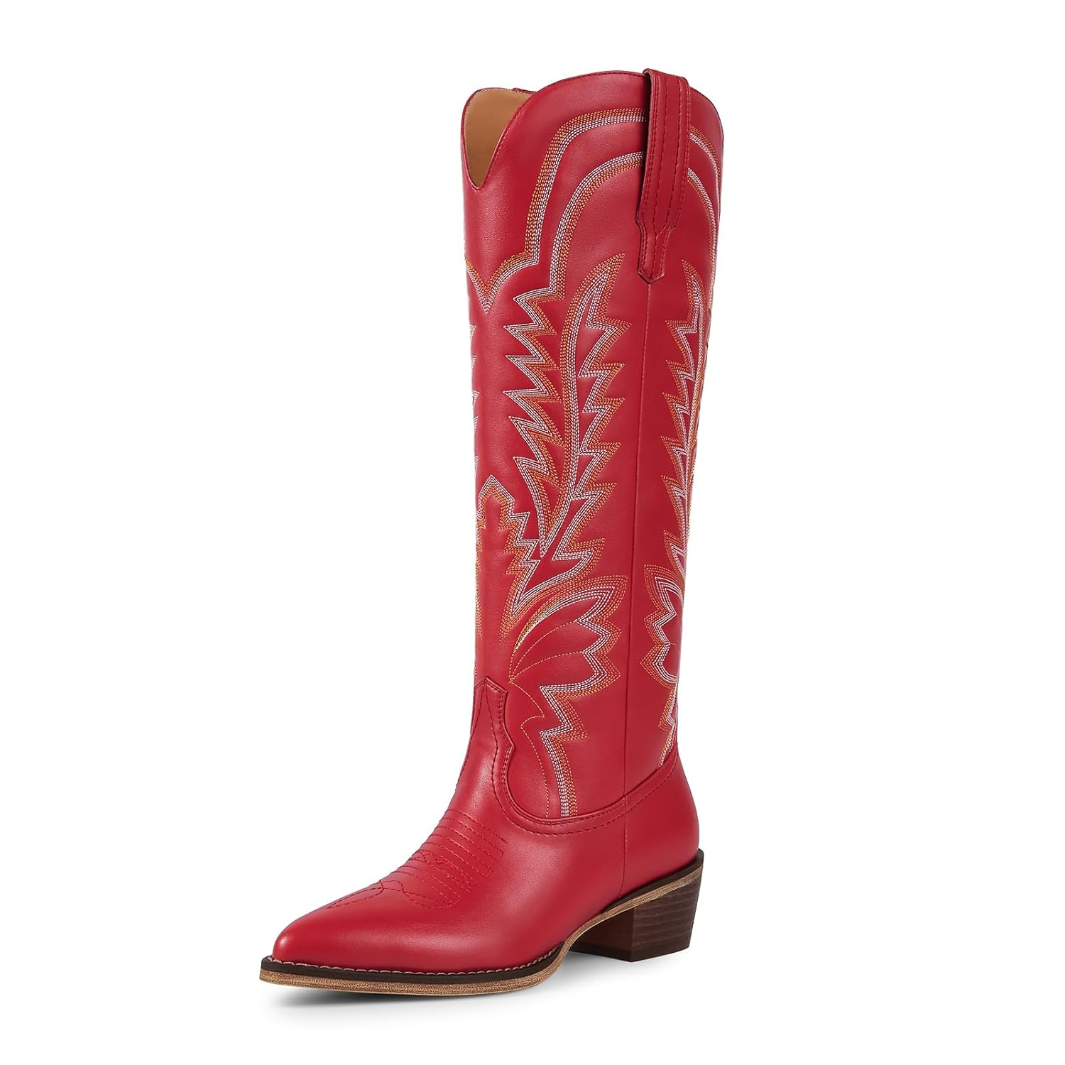 ISNOM Cowboy Boots for Women Knee High Cowgirl Boots with Classic Embroidered Pointed Toe Chunky Heel Pull On