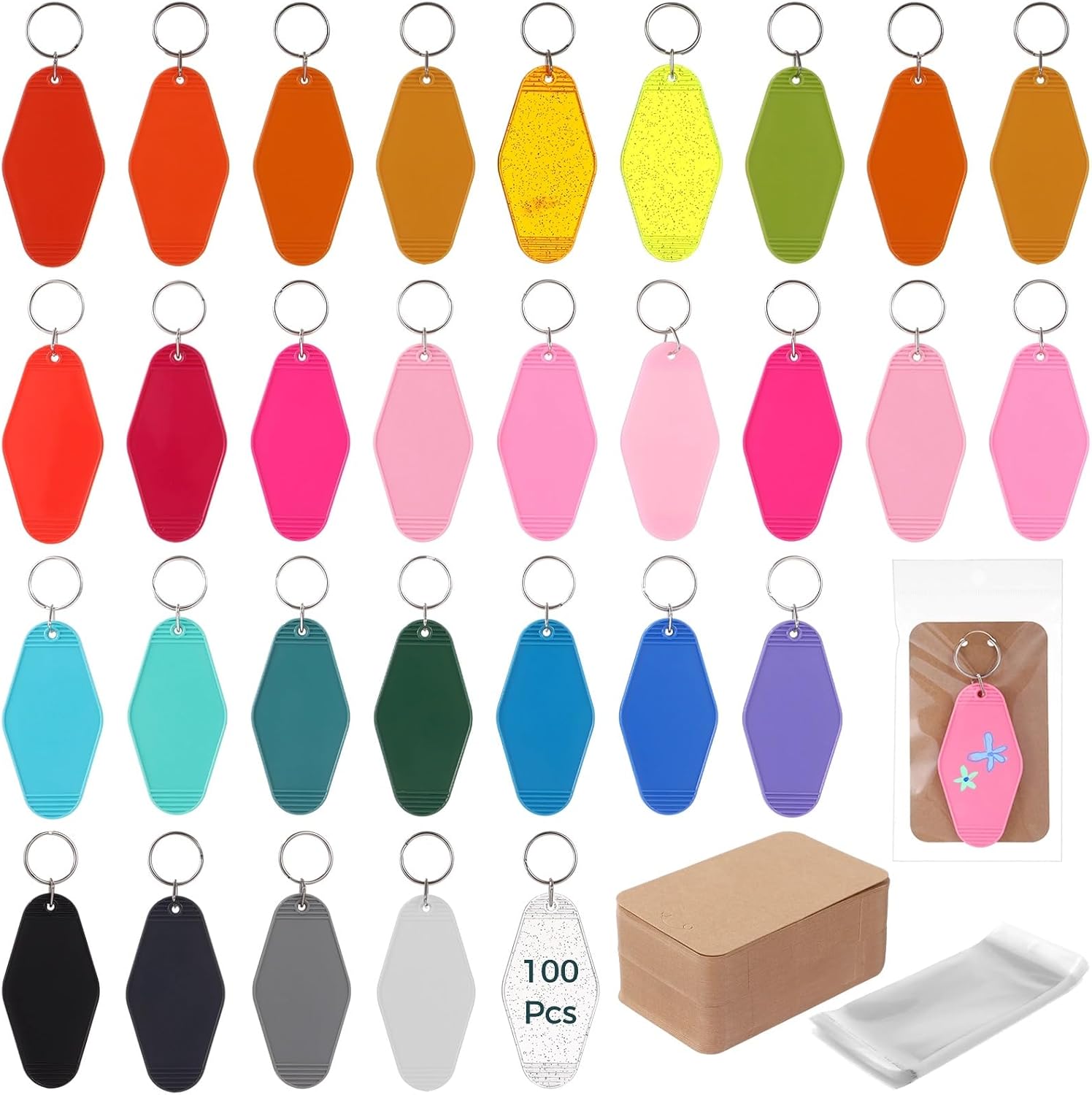 300 Pcs Blank Plastic Keychains Set with Paper Cards & Bags, Acrylic Diamond Shape Motel Keychain Blank, Hotel Keychain Blank, Vintage Luggage Tag, Multi-Color Key Tags for DIY