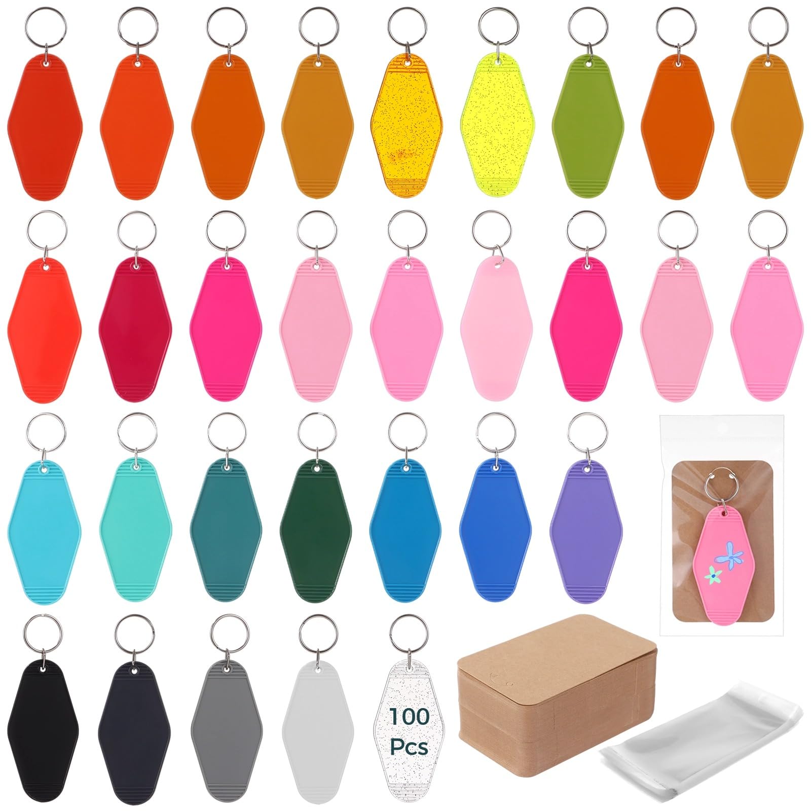 300 Stück Blanko-Kunststoff-Schlüsselanhänger-Set mit Papierkarten und Taschen, Acryl-Diamant-Form, Motel-Schlüsselanhänger, Rohling, Hotel-Schlüsselanhänger, Rohling, Vintage-Gepäckanhänger