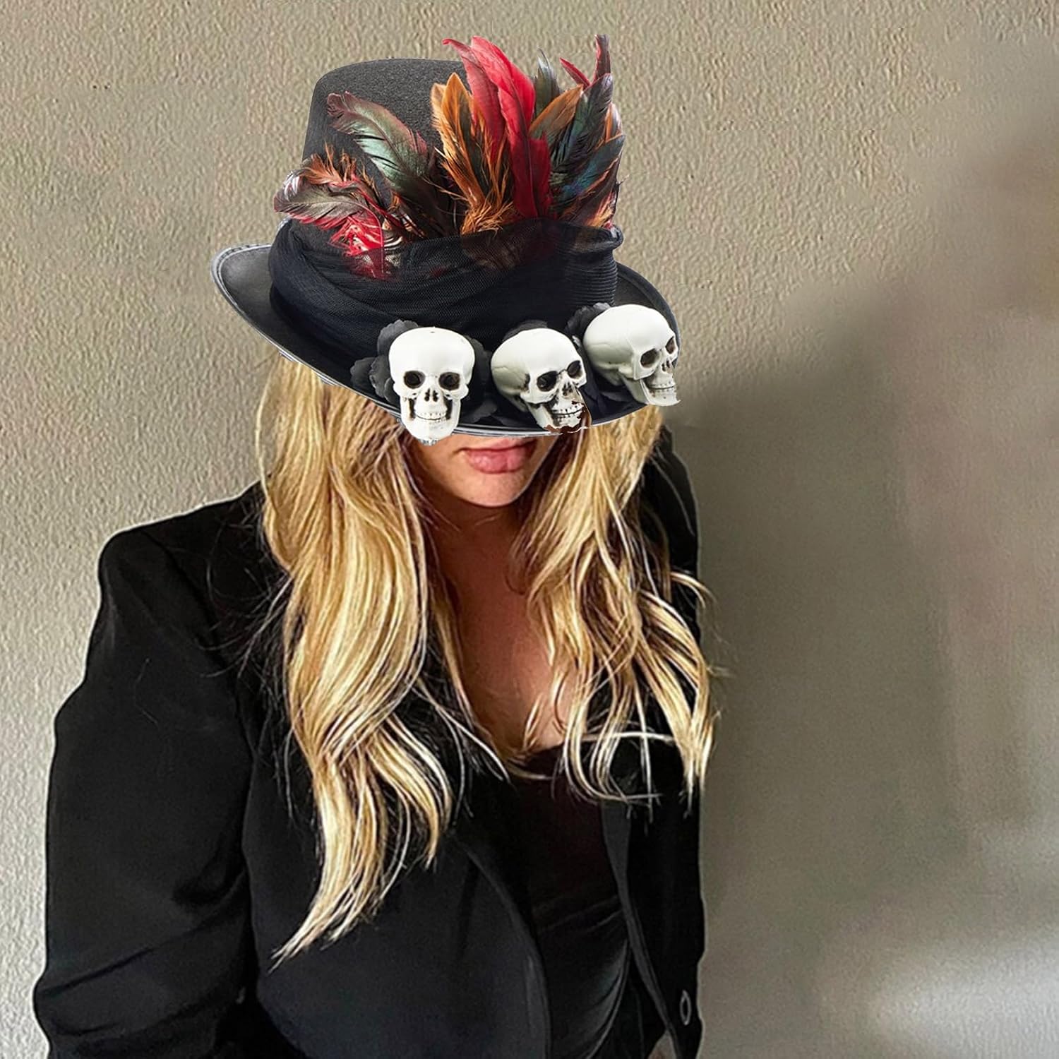 Medieval Adult Steampunks Flat Top Hat with Skull Halloween &Veil Felts Hat Carnivals Role Play Magicians Hat
