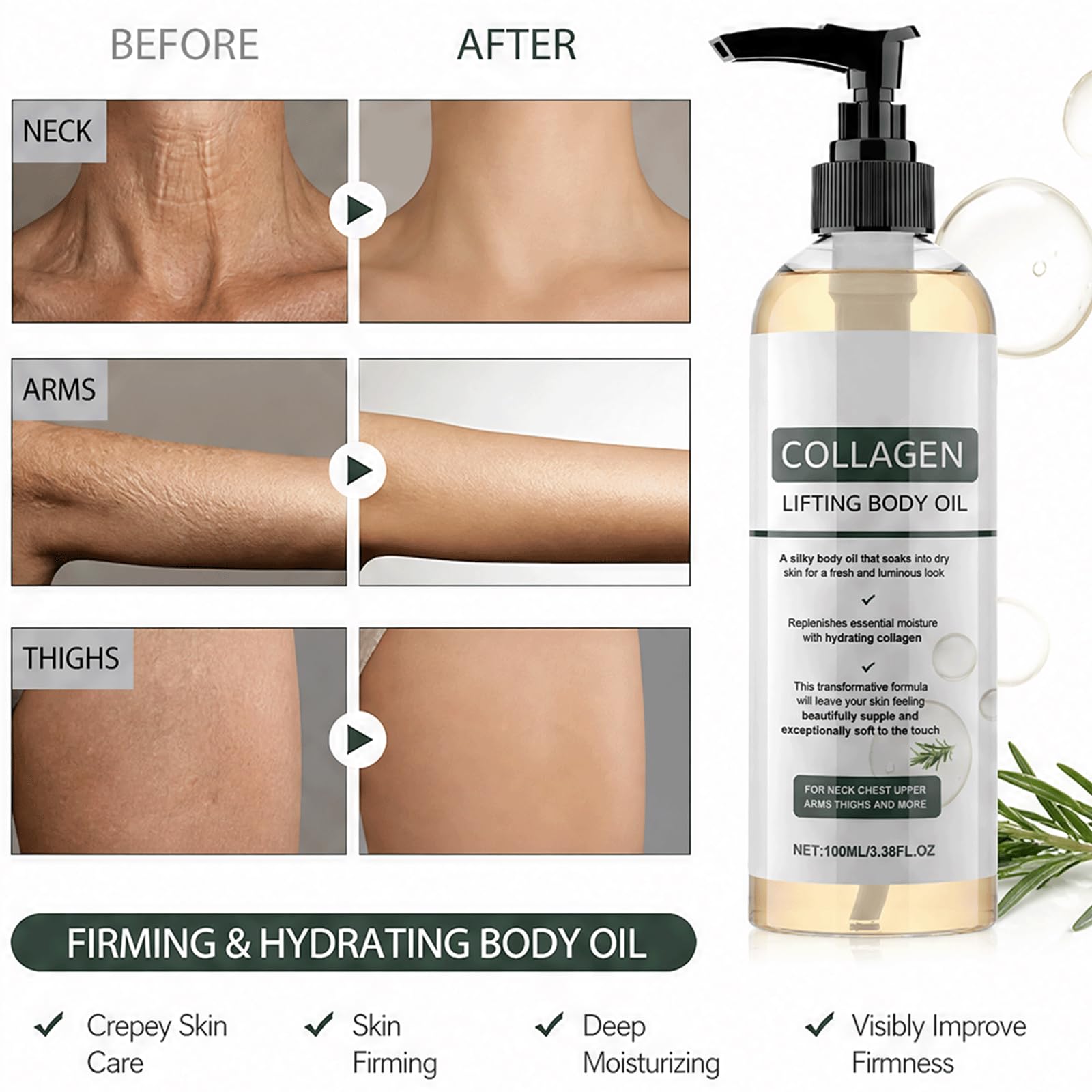 Aceite corporal levantador de colágeno de romero: aceite hidratante para estirar la piel después de la ducha, ayuda a mejorar la firmeza, brillo antienvejecimiento, (5 piezas)