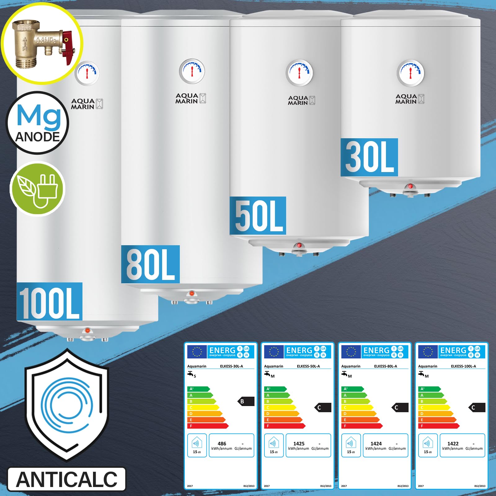 Aquamarin® Termo Eléctrico - Modelo ANTICAL, Capacidad de 30/50/80/100 Litros, 1,5 kW, Termostato 75° C, CEE: B/C, Instalación Vertical - Calentador, Acumulador de Agua Caliente, Ducha (80L)