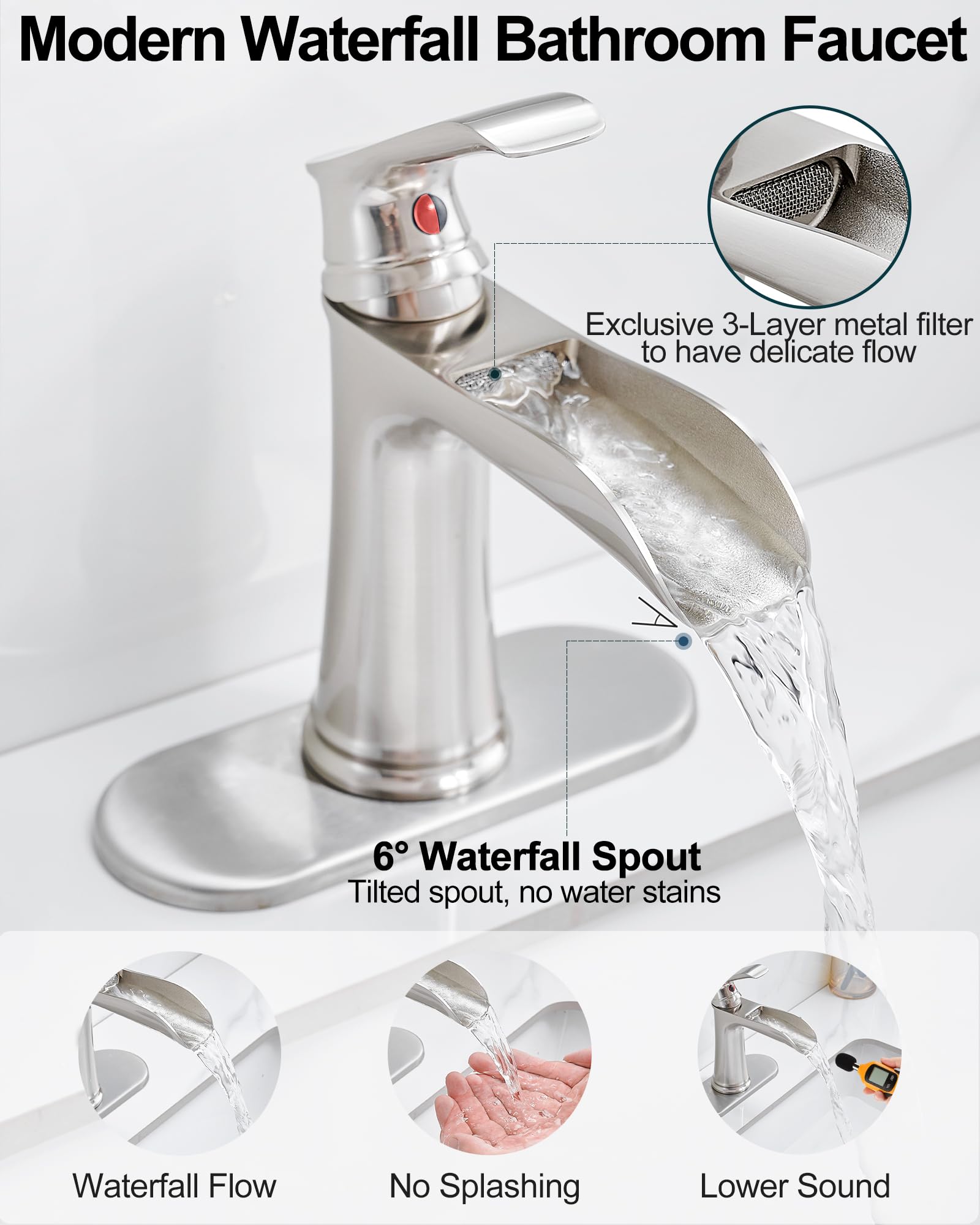 Waterfall Bathroom Faucet Brass Brushed Nickel Bathroom Faucets Single Handle Bathroom Sink Faucet 4 Inch Vanity Faucet 1 — view 3