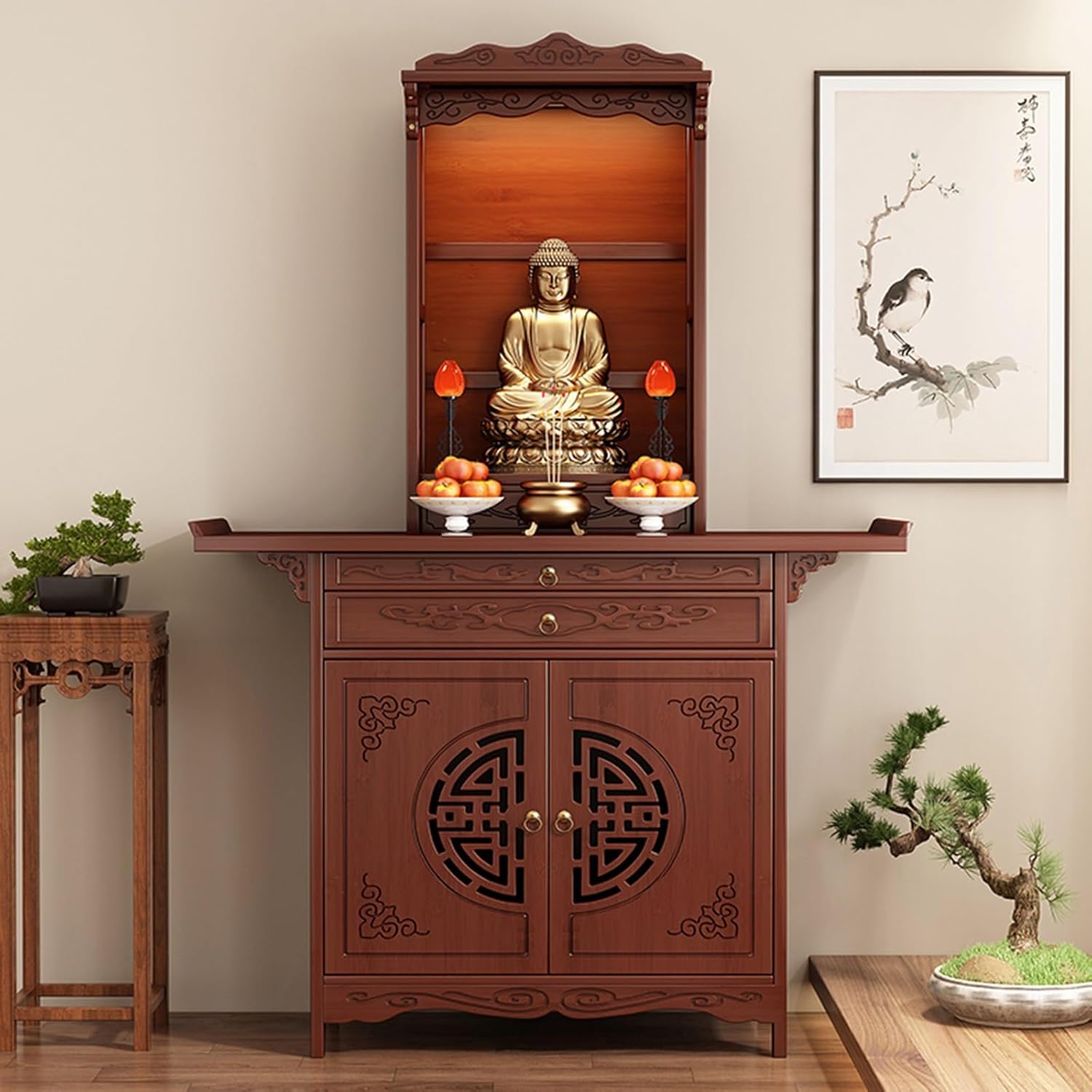 Personal Shrine Altar Table Buddhist Pooja Cabinet Altar Table Multifunctional Chinese Buddha Niche Chinese Cabinet with Drawers and Storage for Family Worship Use(31.5x15.75x74.8in)
